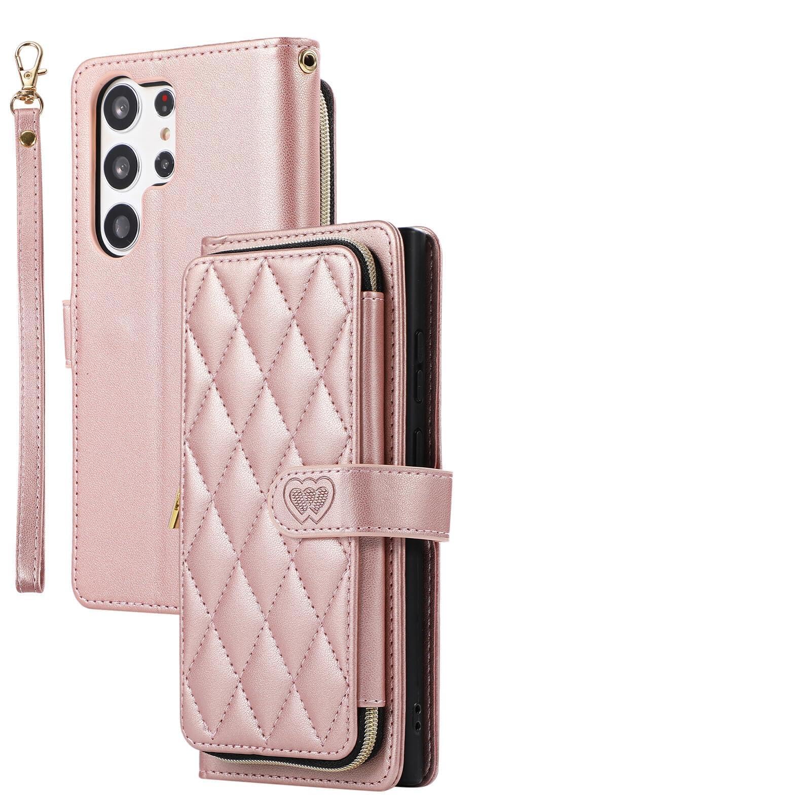Generic Compatible con Samsung Galaxy S26 FE (color oro rosa) Cartera de piel con cremallera multiranura con correa para el hombro