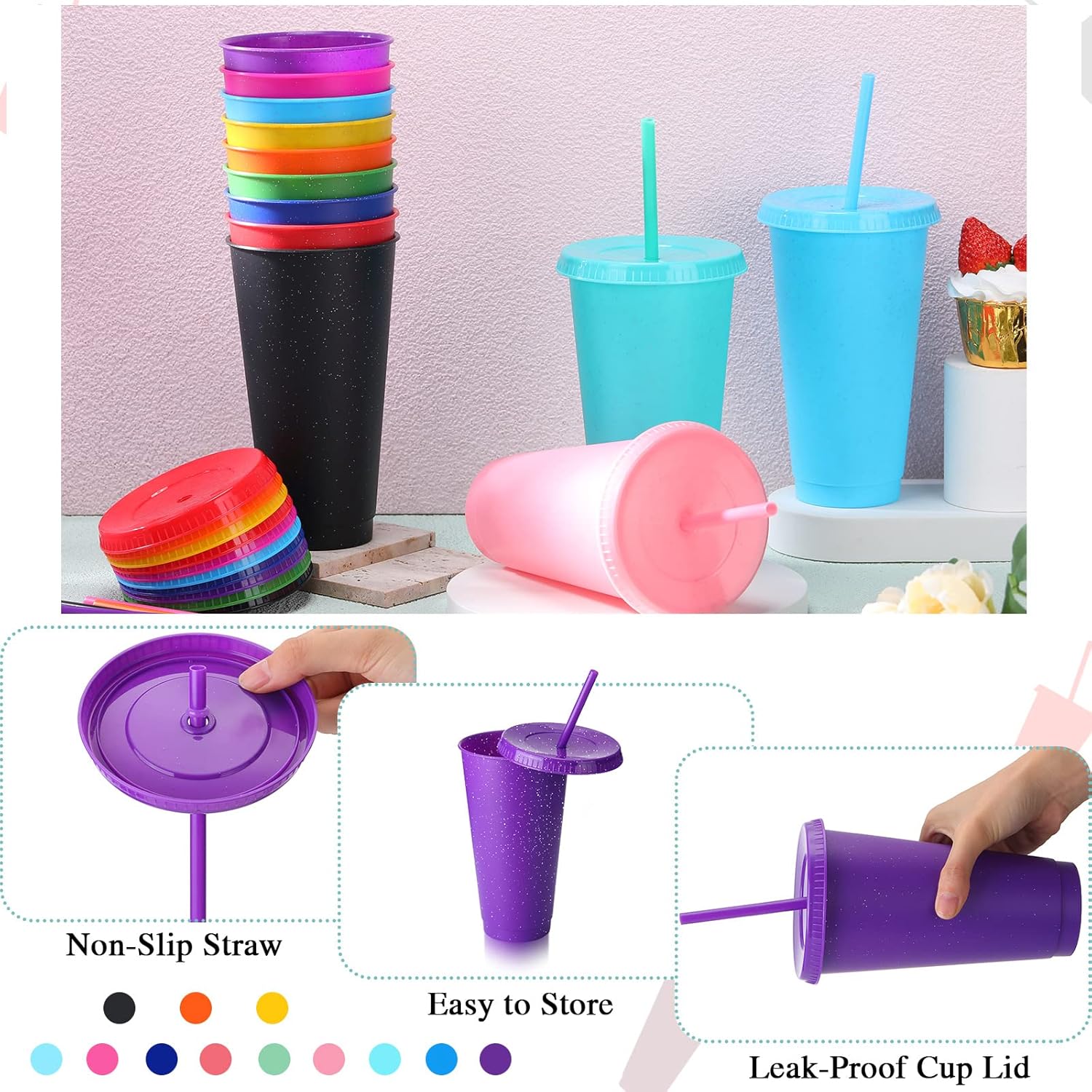 36 Pcs Glitter Reusable Tumbler with Straws and Lids, Plastic Cup with Lids and Straws Bulk, Water Bottle Iced Coffee Cold Drink Travel Mug, Colorful Cups for Party Birthdays - Image 3