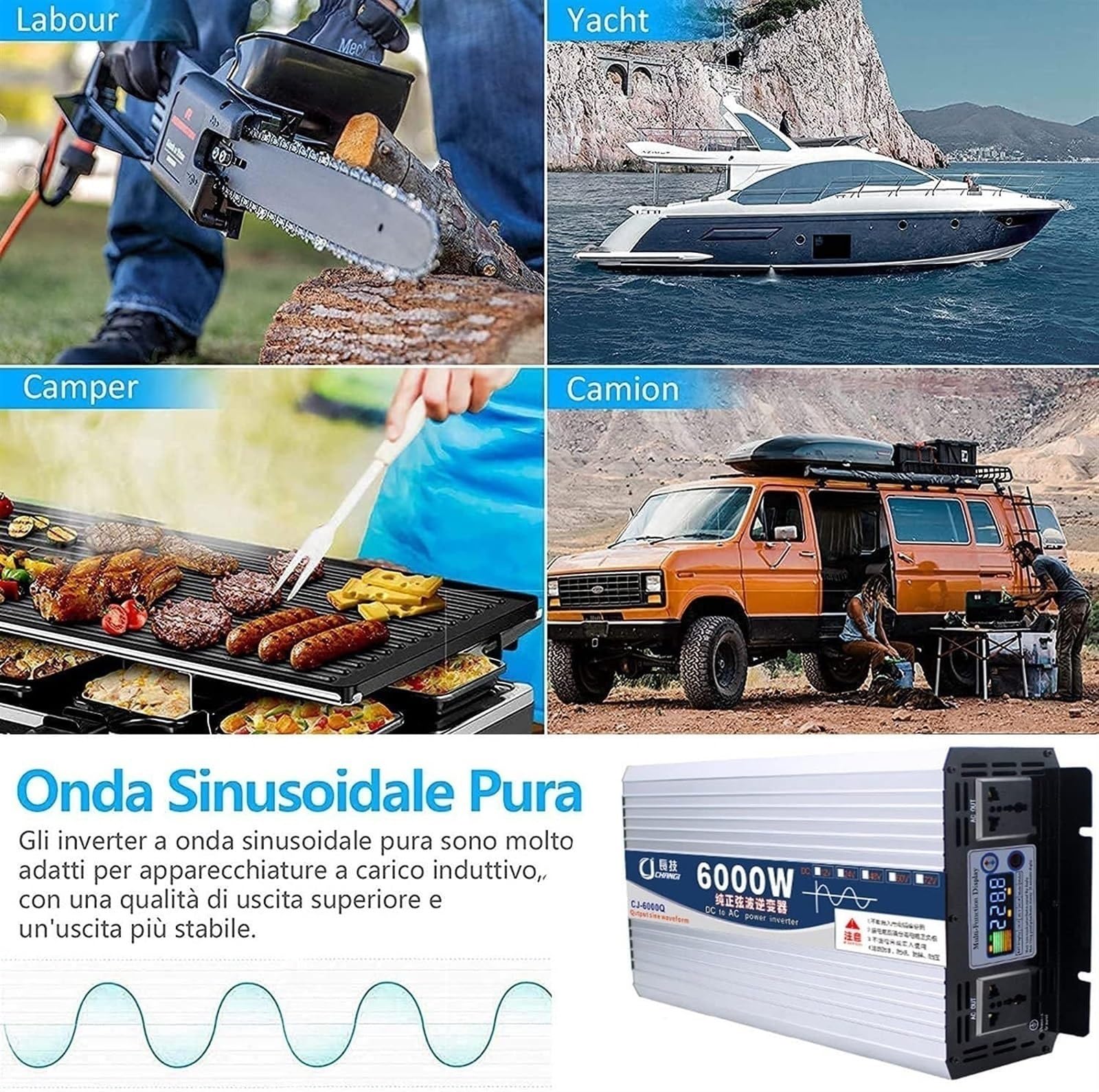 Inversor Onda Sinusoidal Pura 3500W/5000W/5500W/6000W/8000W Inversor de Corriente DC 12v 24v 48v 60v 72v a AC 110V/220V 230v con Pantalla LCD Monitor & Tomas,para RV,Viajes,emergencias(3500W,60Vto220V