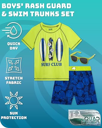 Quad Seven Toddler Baby Boys Swim Set - 3 Piece Swim Trunks Short Sleeve Rash Guard for Boys and Sunglasses (Sizes: 12M-7)