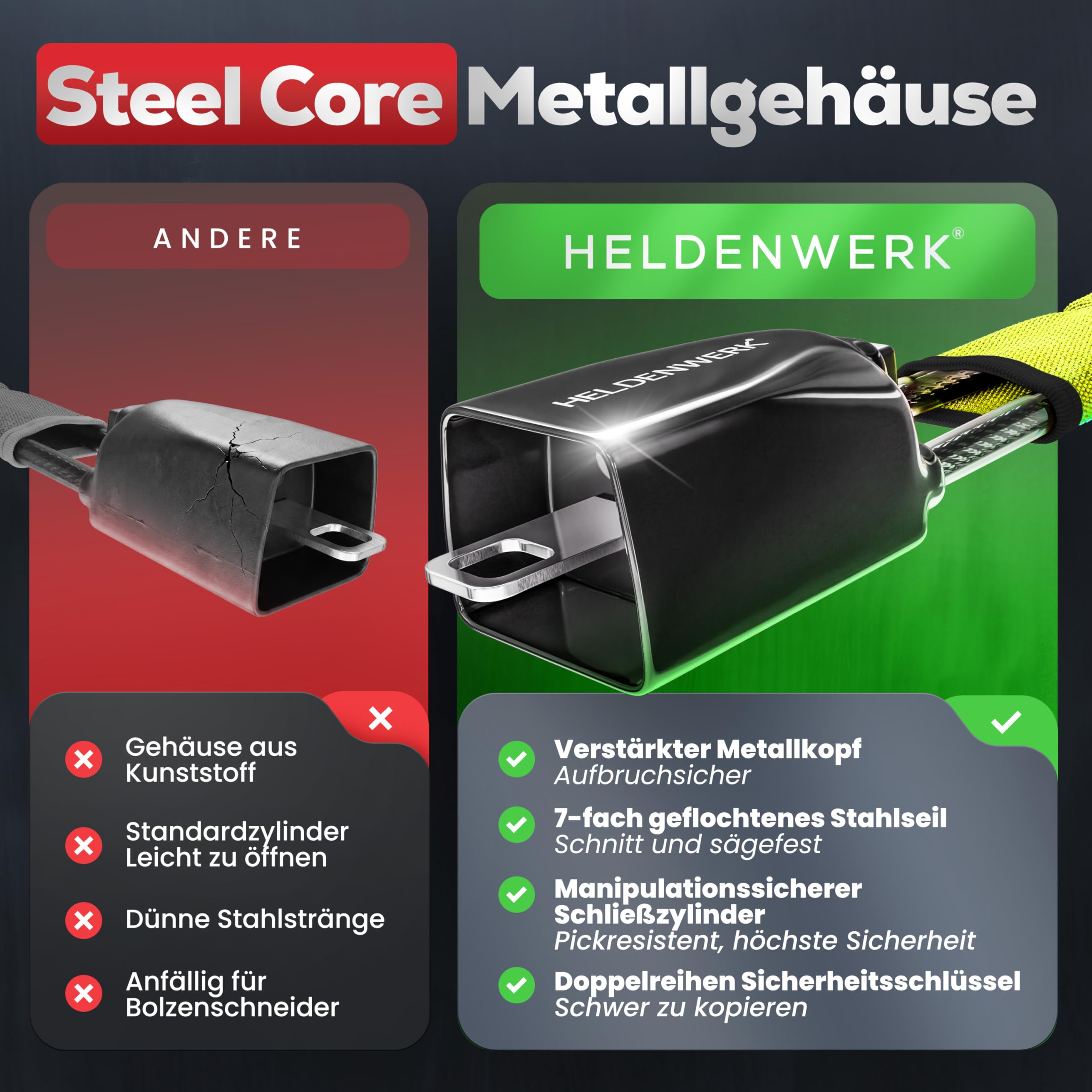 HELDENWERK® Lenkradkralle für Auto & Wohnmobil aus Metall - Universelle Passform - Lenkradschloss mit dickem Stahlseil - Wegfahrsperre Diebstahlsicherung mit 3 Sicherheitsschlüsseln (Gelb)
