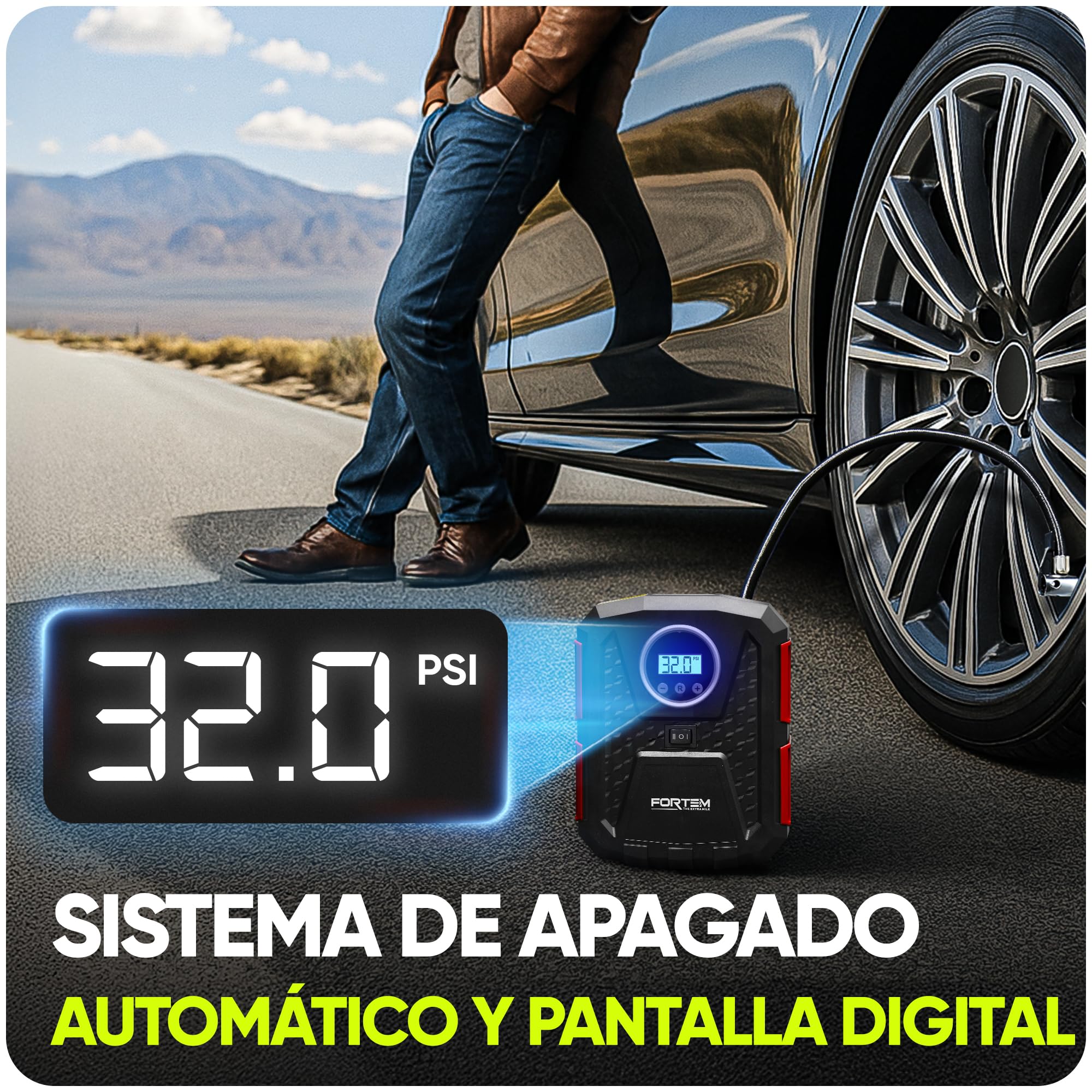 FORTEM Inflador de Ruedas de Coche, Compresor de Aire - Manómetro Digital, Autobombeo, Parada Automática - Bolsa de Transporte