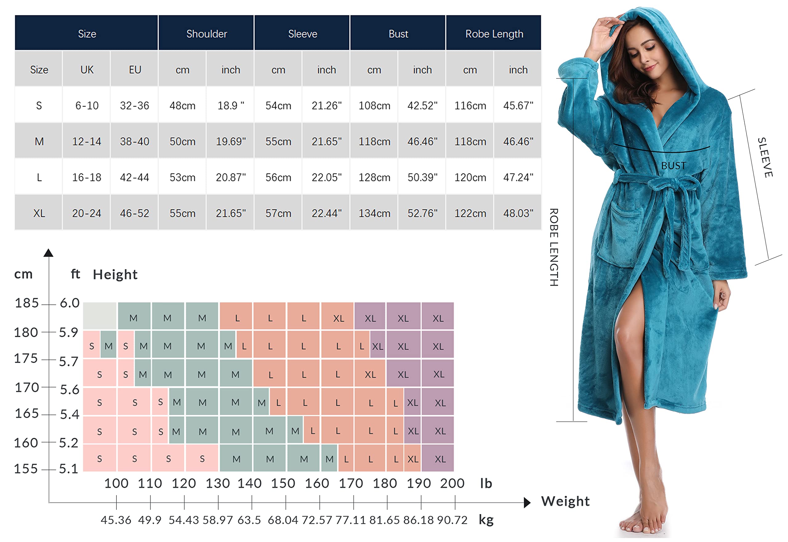 Vlazom Robe de Chambre Polaire Femme, Peignoir Polaire à Capuche Femmes Chaude et Doux Flanelle Pour Hiver Cadeau de Noël