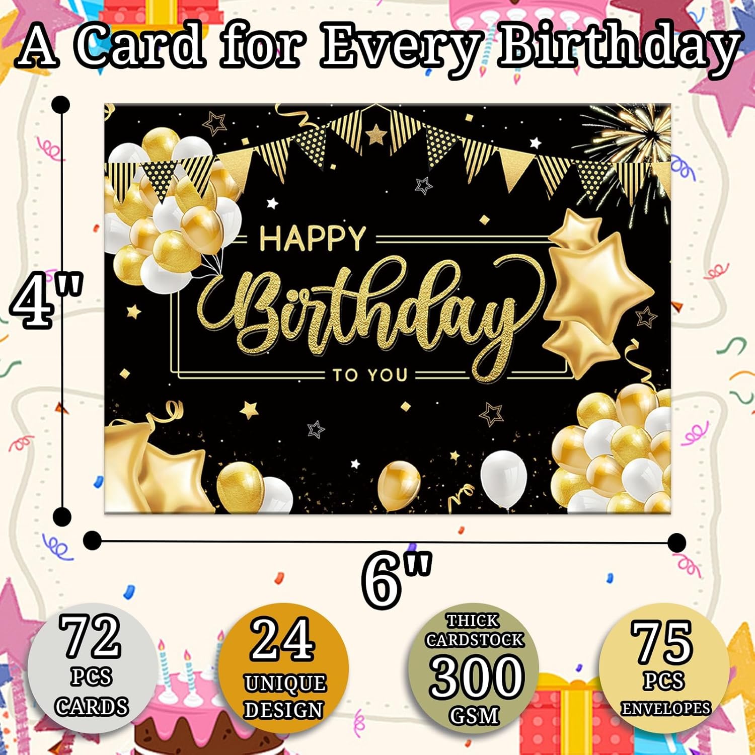 72 Happy Birthday Cards with Envelopes, 24 Unique Designs, Birthday Cards Bulk with Blank Inside, 4x6 inches, Assorted Birthday Cards Assortment for Office & Home - Image 2