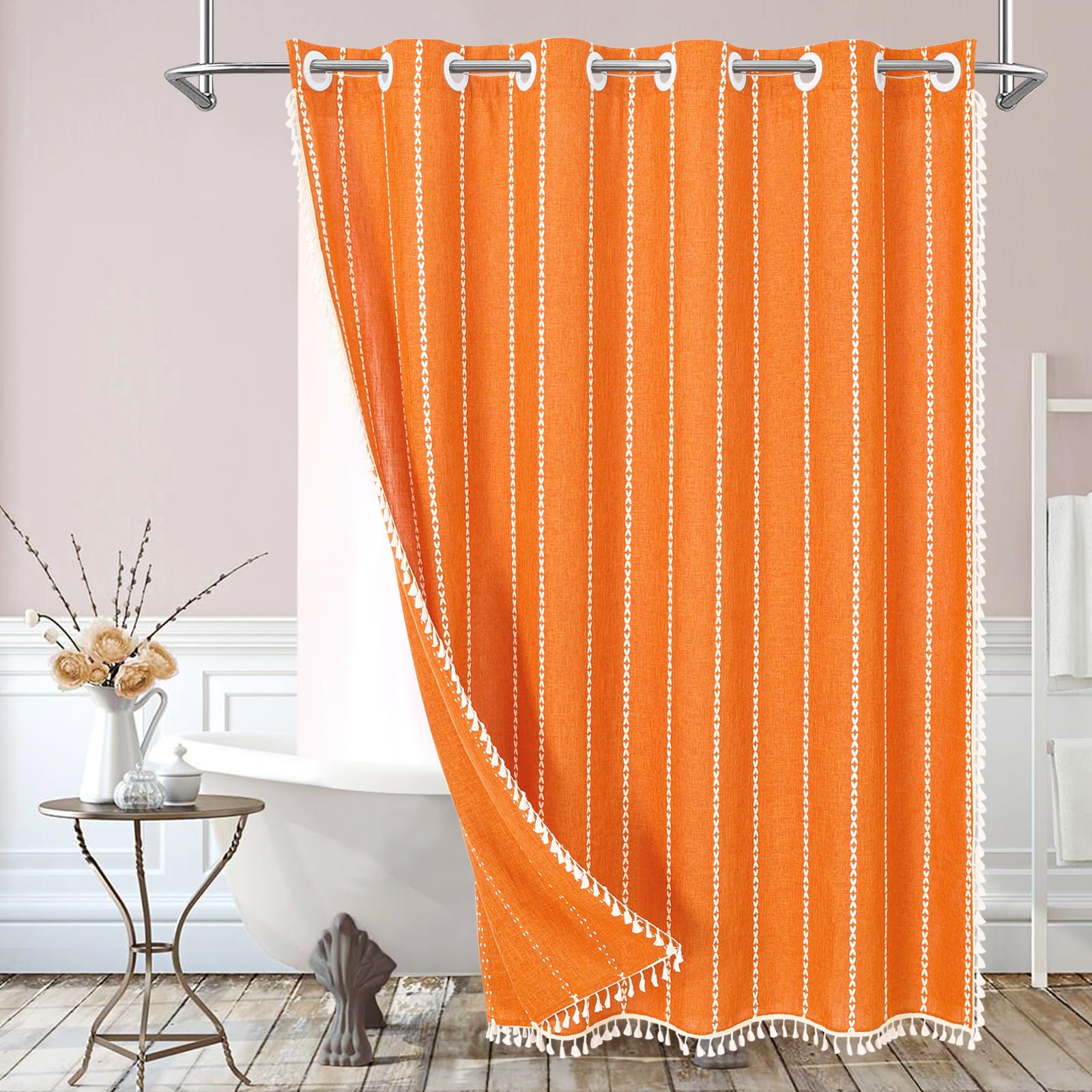 MitoVilla No Hooks Required Orange Boho Shower Curtain with Snap-in Liner, Farmhouse Cotton Linen Fabric Shower Curtains with Tassels for Rustic