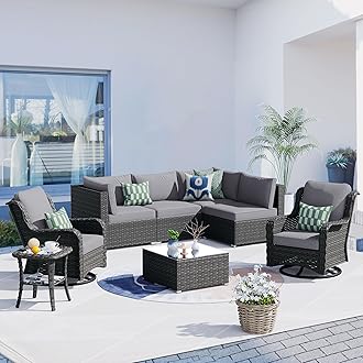 HOOOWOOO Patio Outdoor Sectional Furniture Sofa Set with Swivel Chairs,8 Piece L Shaped Corner Wicker Rattan Couch Set with Glass Table,Modern 6 Persons Summer Patio Conversation Set(Charcoal Gray)