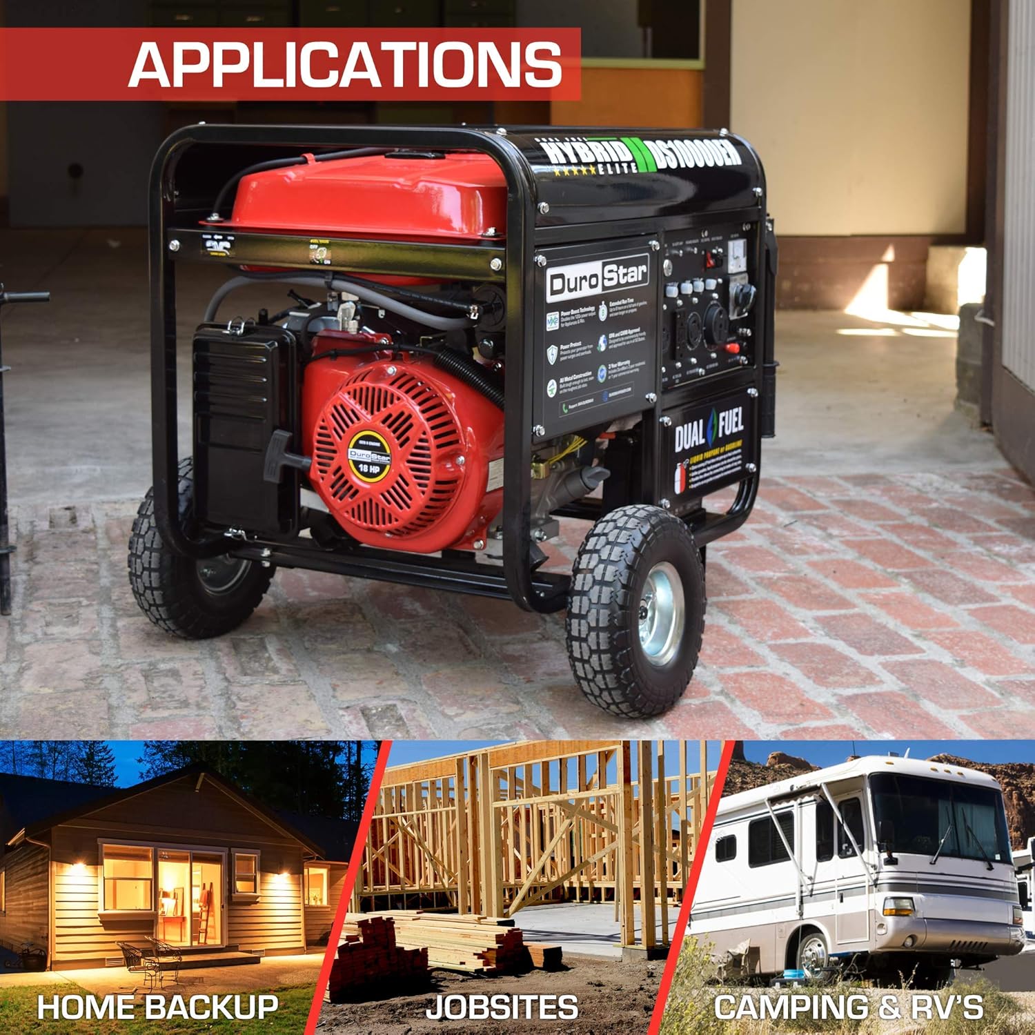DuroStar DS10000EH Dual Fuel Portable Generator-10000 Watt Electric Start-Home Back Up & RV Ready, 50 State Approved, Red/Black : Everything Else