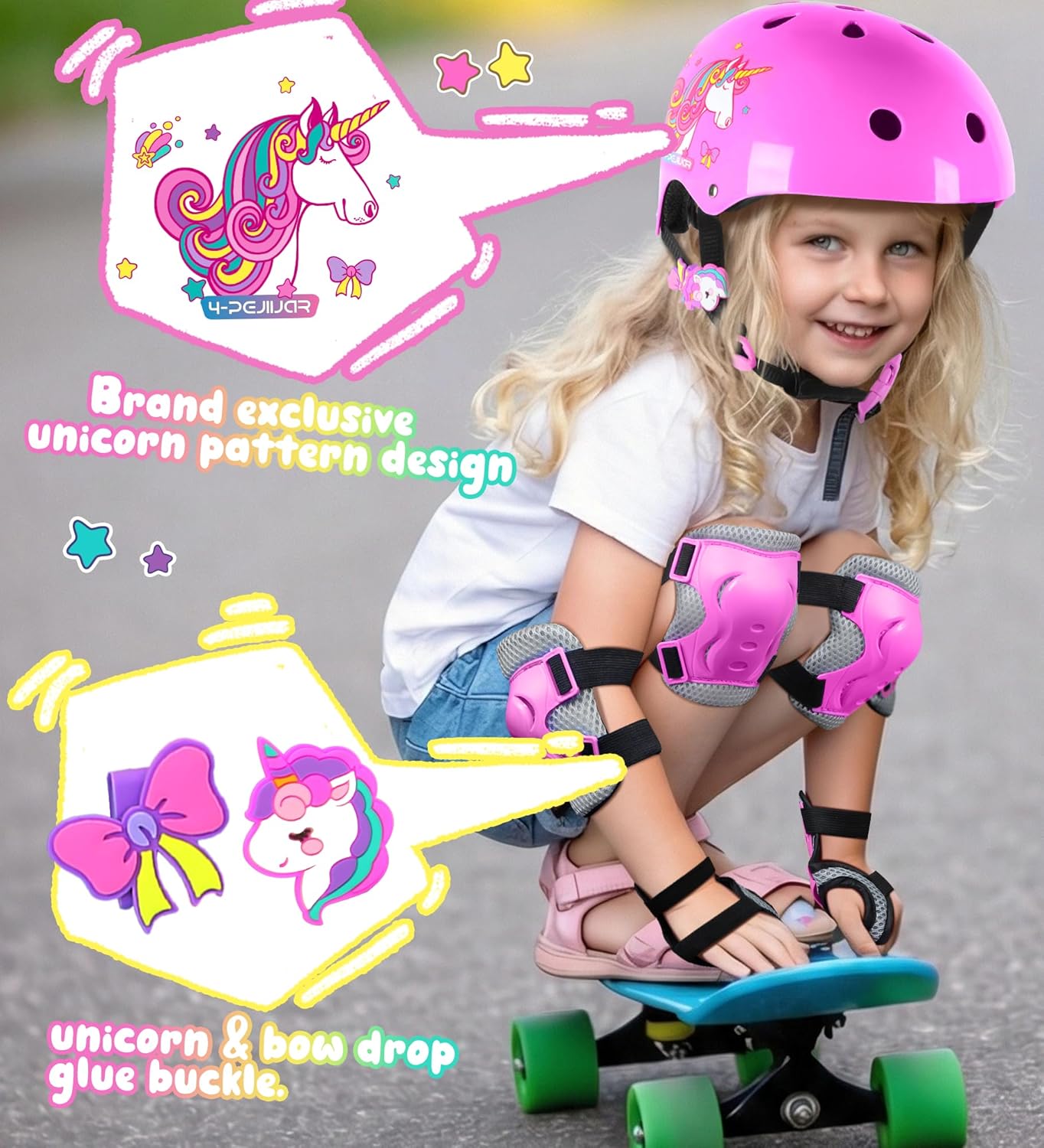 Kids Bike Helmet for Girls,Unicorn Adjustable Toddler Helmets with Knee Pads Wrist Guards and Elbow Pads Set