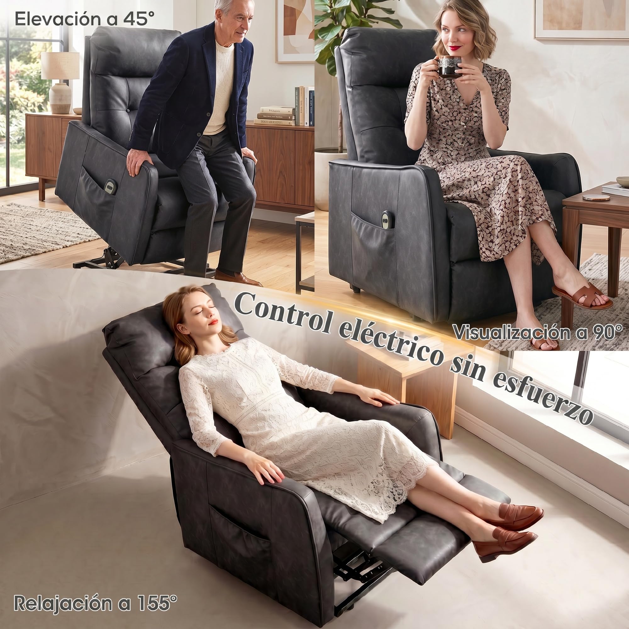 HOMCOM Sillón Relax Reclinable Eléctrico Levanta Personas Gris | Sillón Elevador, Tapizado en Cuero PU, Control Remoto, Asiento de Muelles, Reposapiés, Respaldo Alto, Bolsillos Laterales