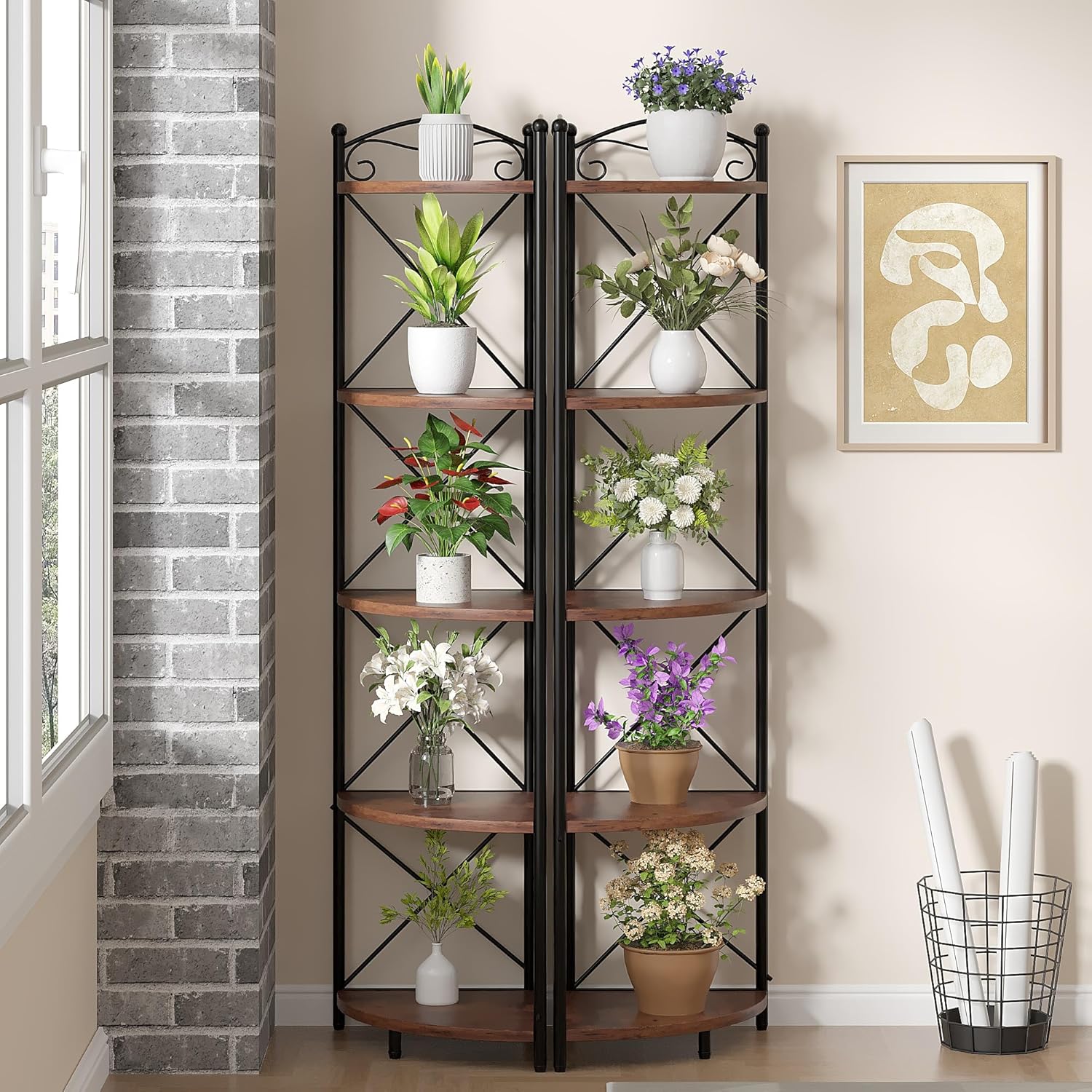 VECELO 5 Tier Corner Shelf Stand, 55.2" Tall Corner Bookshelf, Plant Stand, Rustic Brown Corner Storage Shelf for Living Room, Kitchen, Bedroom, Office