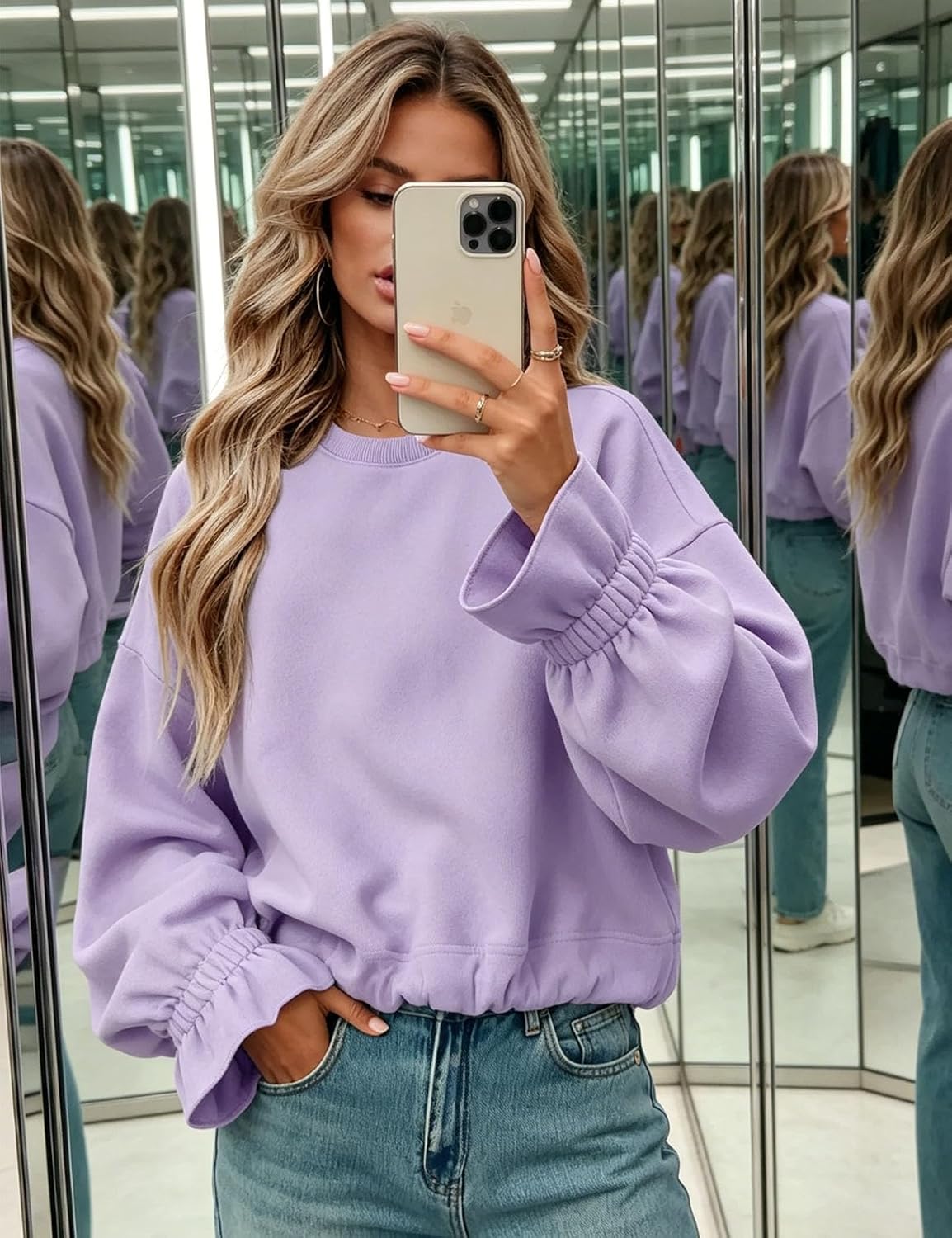 Women's Casual Crew Neck Sweatshirt Long Sleeve Ruched Solid Loose Fitting Pullover Tops thumbnail