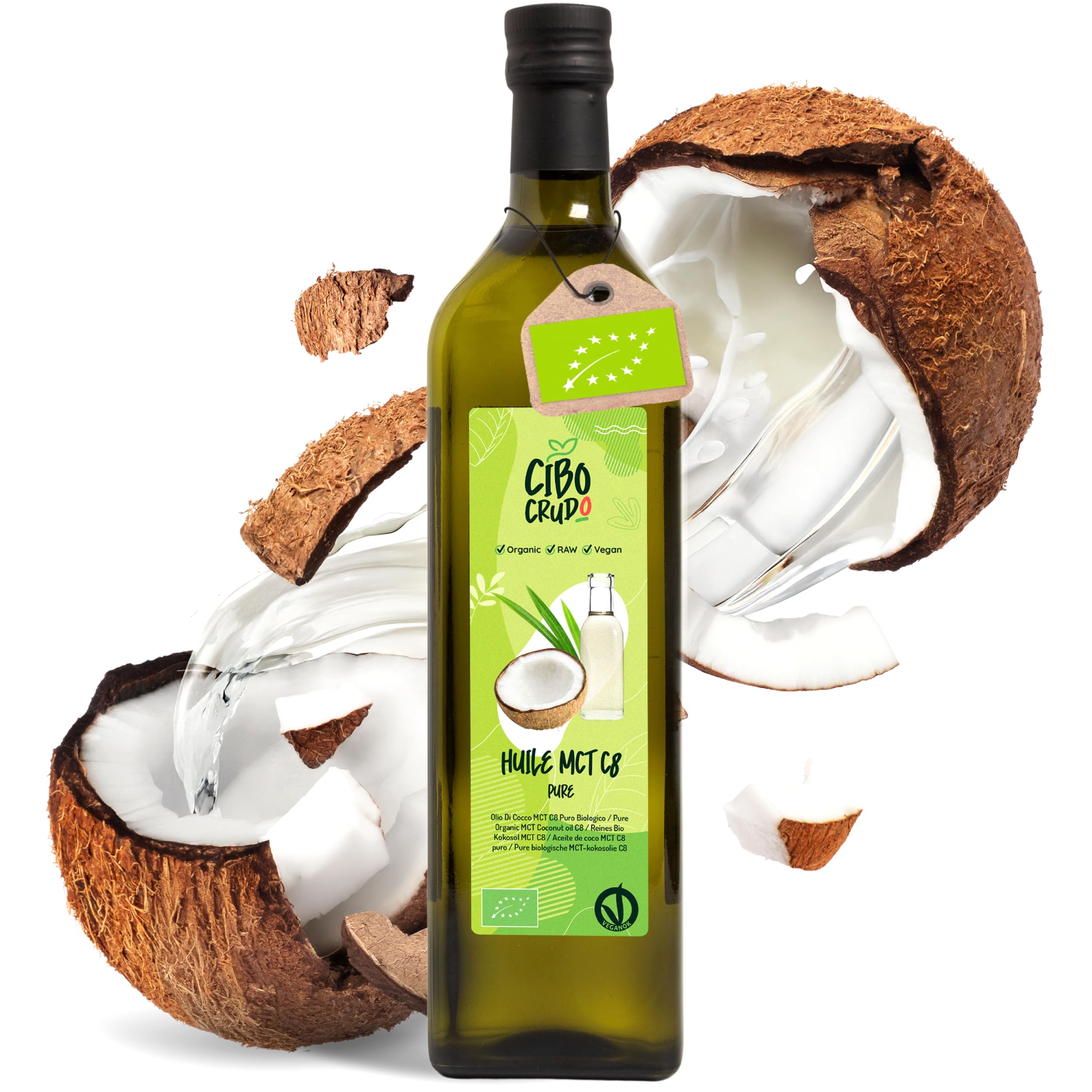 Huile MCT C8 Pure Biologique Pressée à Froid - 1LT. MCT Oil Commestibile Bio pour Keto Paleo ou pour Usage sur Corps et Cheveux. Huile Vegan et Végétarienne. - Bio Oil