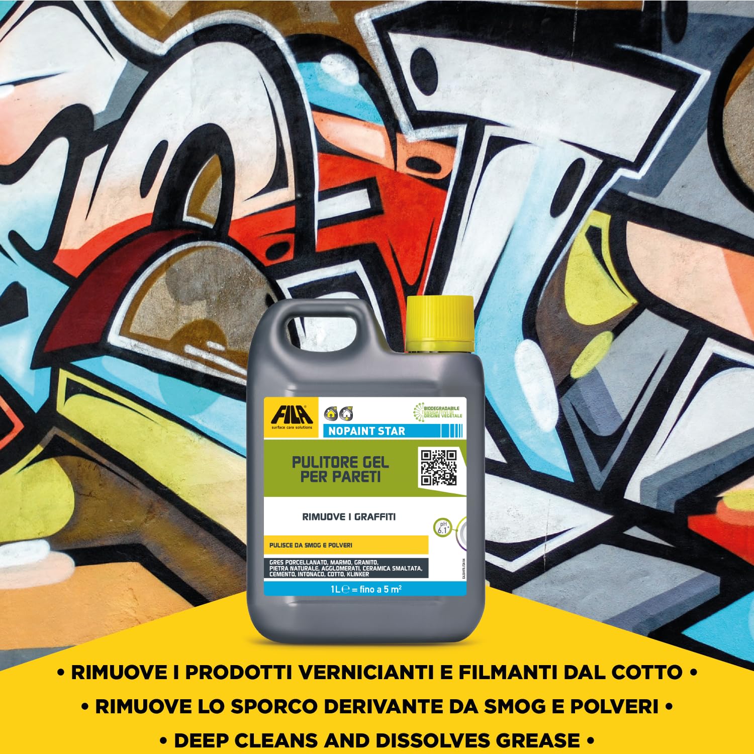Fila Surface Care Solutions, NOPAINT Star, Pulitore Gel per Pareti e Muri, Rimotore Professionale di Graffiti e Murales, Rimuove la Vernice Spray e la Bomboletta Spray Colorata, 1L
