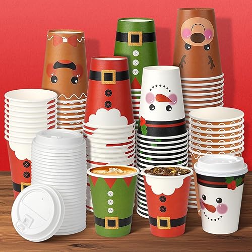 100 vasos de papel de Navidad de 12 onzas con tapas, tazas de té desechables de Navidad para bebidas frías, chocolate caliente, chocolate caliente,