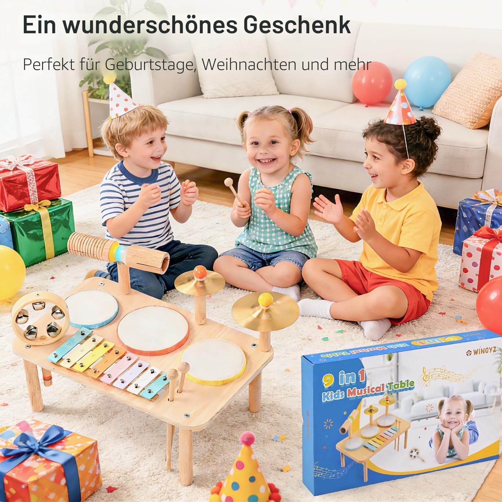 WINGYZ 9 in 1 Schlagzeug Kinder Trommel Holz – Musikinstrumente für Kinder ab 3 Jahr, Montessori Baby Spielzeug Geschenk für Junge Mädchen
