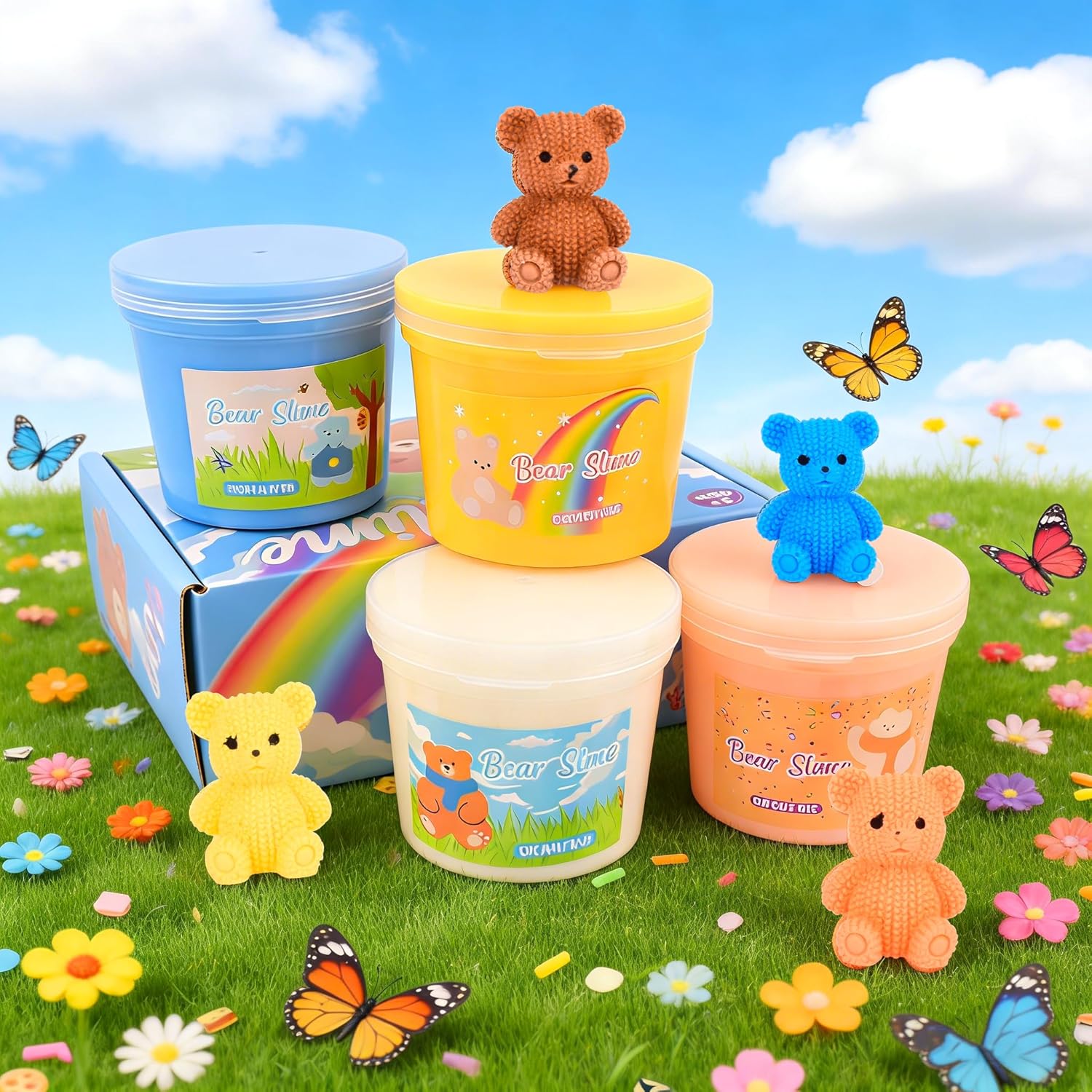 4 Pack Butter Slime Kit, Cute Stuff for Kid Bear Slimes Kits, Super Soft and Non-Sticky, Stress Relief Toy for Kids Education Girls and Boys with Cute Charms Add-ins, Birthday Party Favors