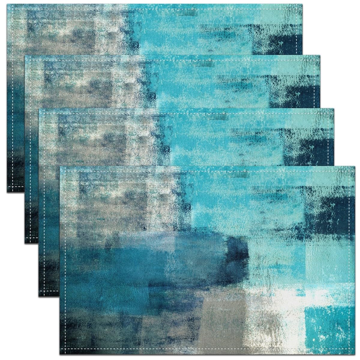 Geometric Placemats for Dining Indoor Outdoor Kitchen 45X30cm - Teal Grey Abstract Art Set of 4 Table Mats - Modern Decor Place Mats