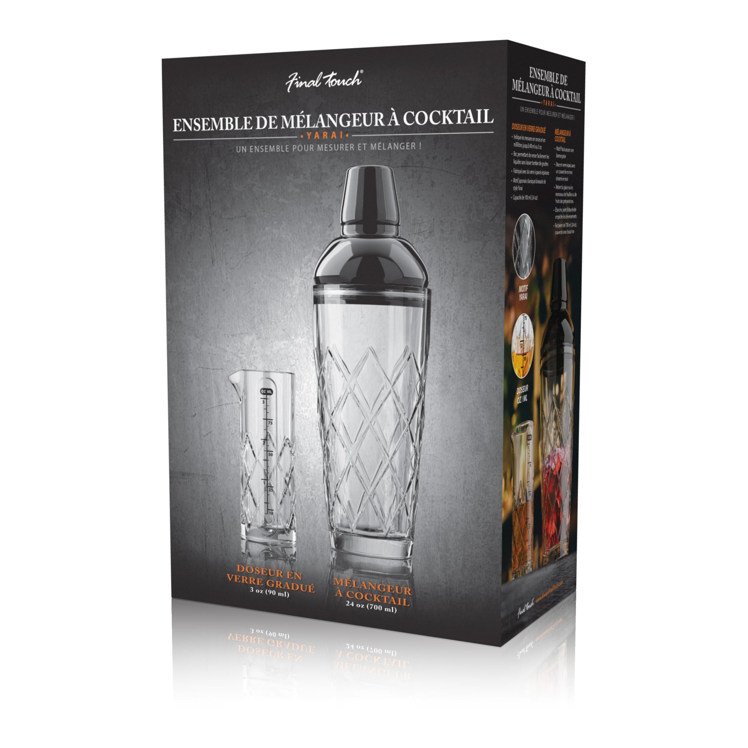 Final Touch Yarai FTA1859-19 - Juego de coctelera de cocina japonesa con tapa cromada negra y medidor medidor - Kit de mezcla premium para camareros y el hogar - 24 onzas (700 ml)