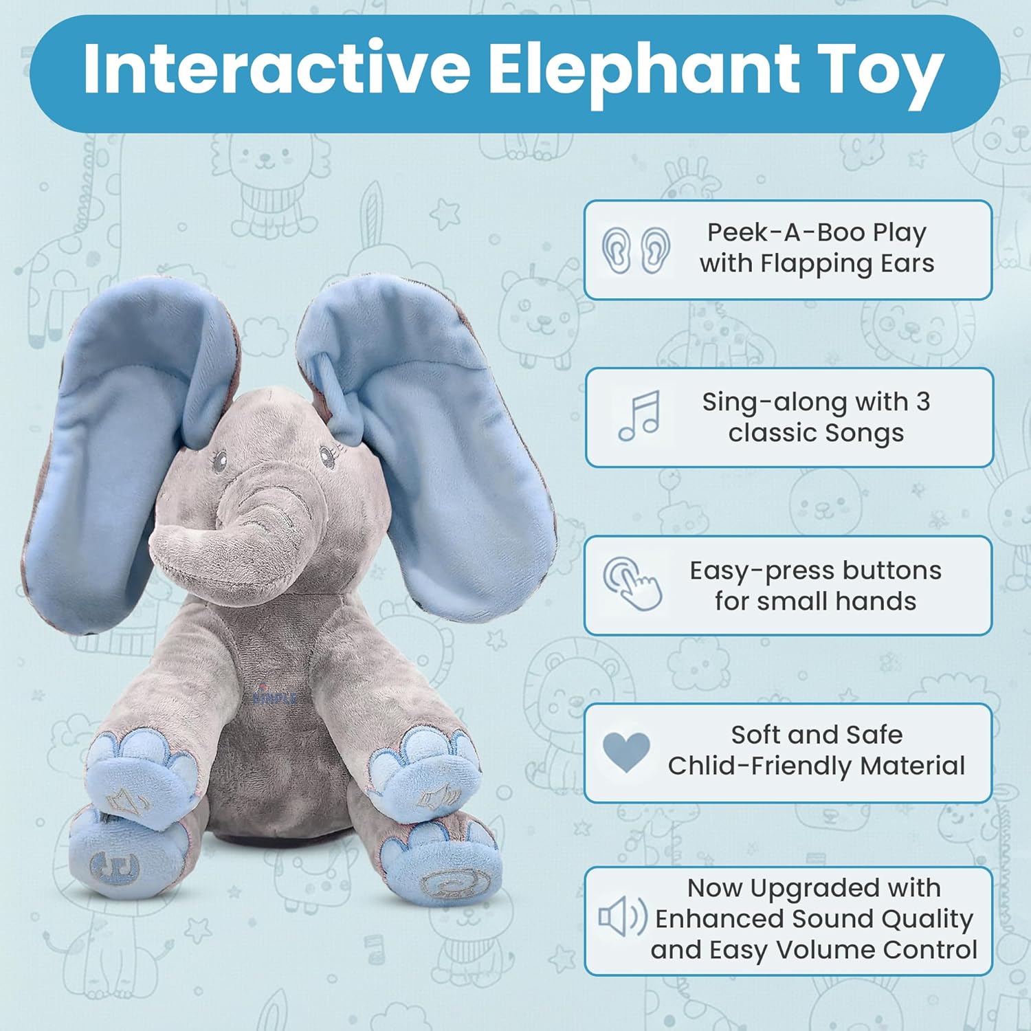 Dimple Kyle Peek A Boo Elephant Toy, Interactive Singing Stuffed Elephant Plush with Moving Ears, Musical Stuffed Animal for Babies and Toddlers, Adorable Baby Toy
