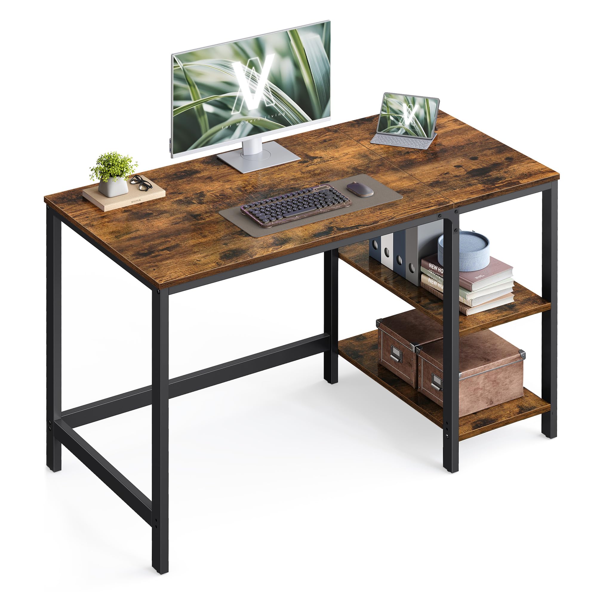 VASAGLE Computer Desk, Writing Desk with 2 Shelves on Left or Right, Work Table for Office Living Room, Steel Frame, Industrial, Rustic Brown and Black LWD47X