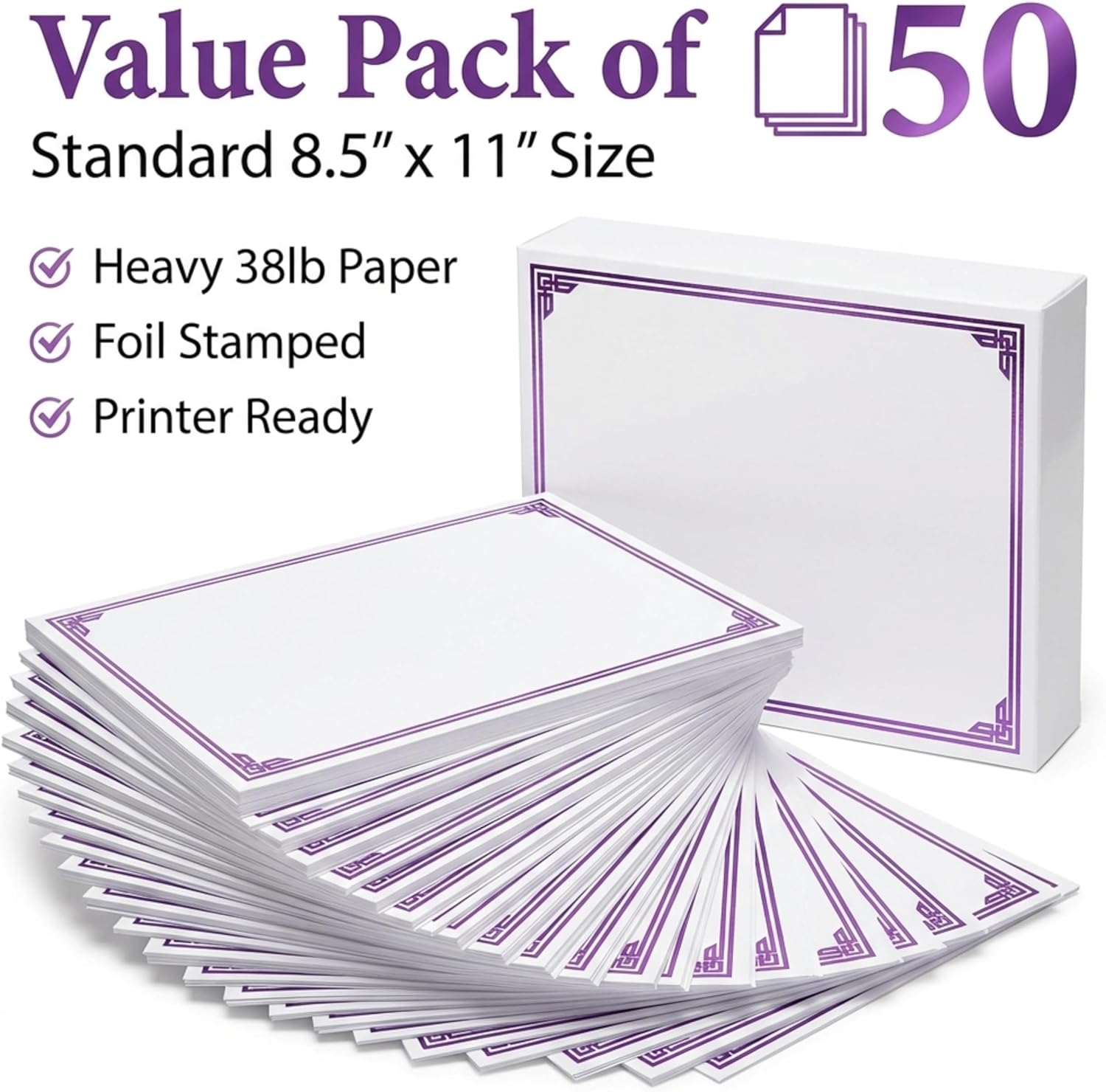 PaperDirect Majestic Specialty Certificates, 50 Sheets 28lb White Paper, 8½" x 11", Emossed Purple Foil Accents Border, Perfect for Awards, Students, Employees, Volunteers, Course Completion, Diplomas