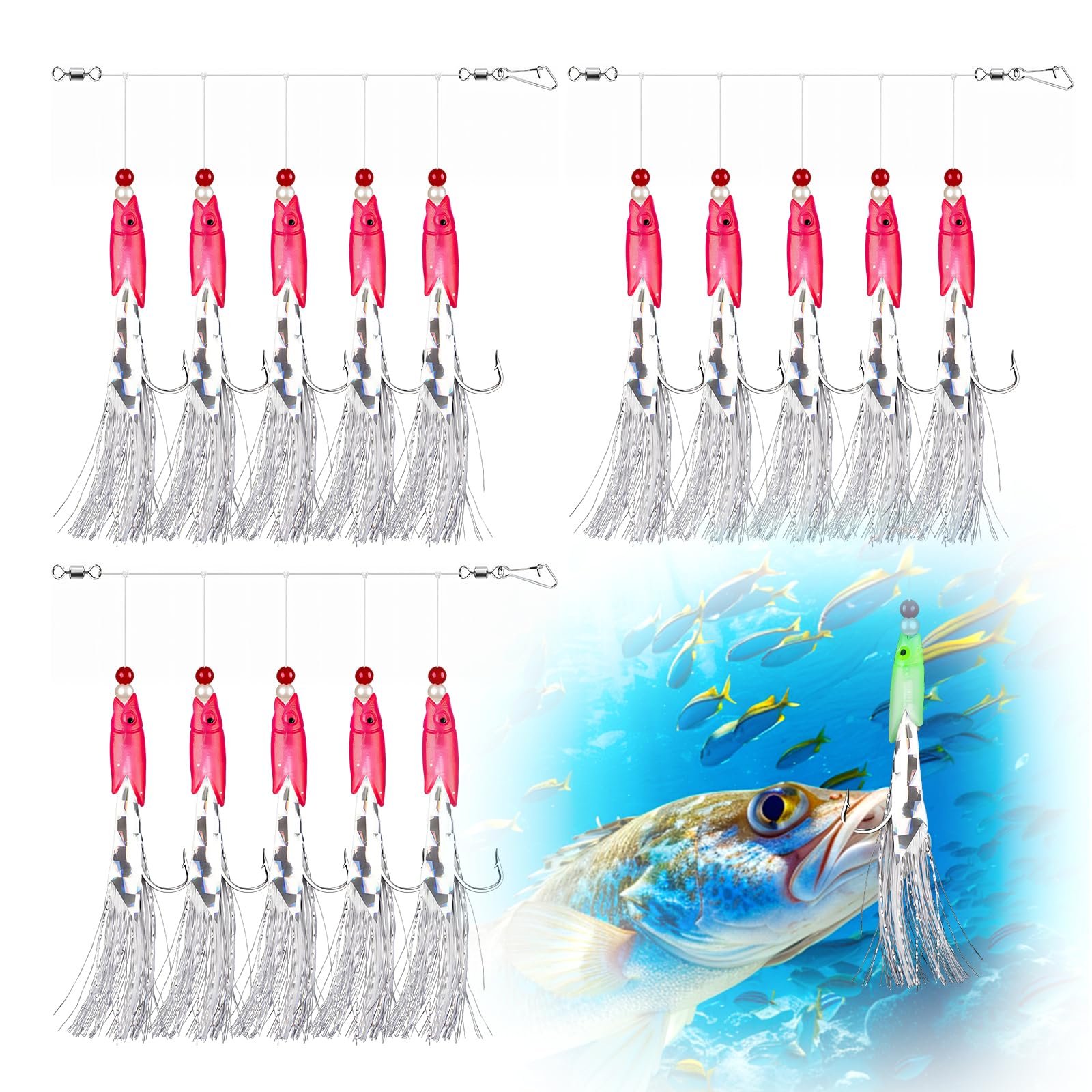 15Pcs/3Pack Luminous Mackerel Feathers for Fishing, Mackerel Bass Cod Lures Sabiki Rigs, Ideal Sea Fishing Lures for Deep Sea & Night (Pink)