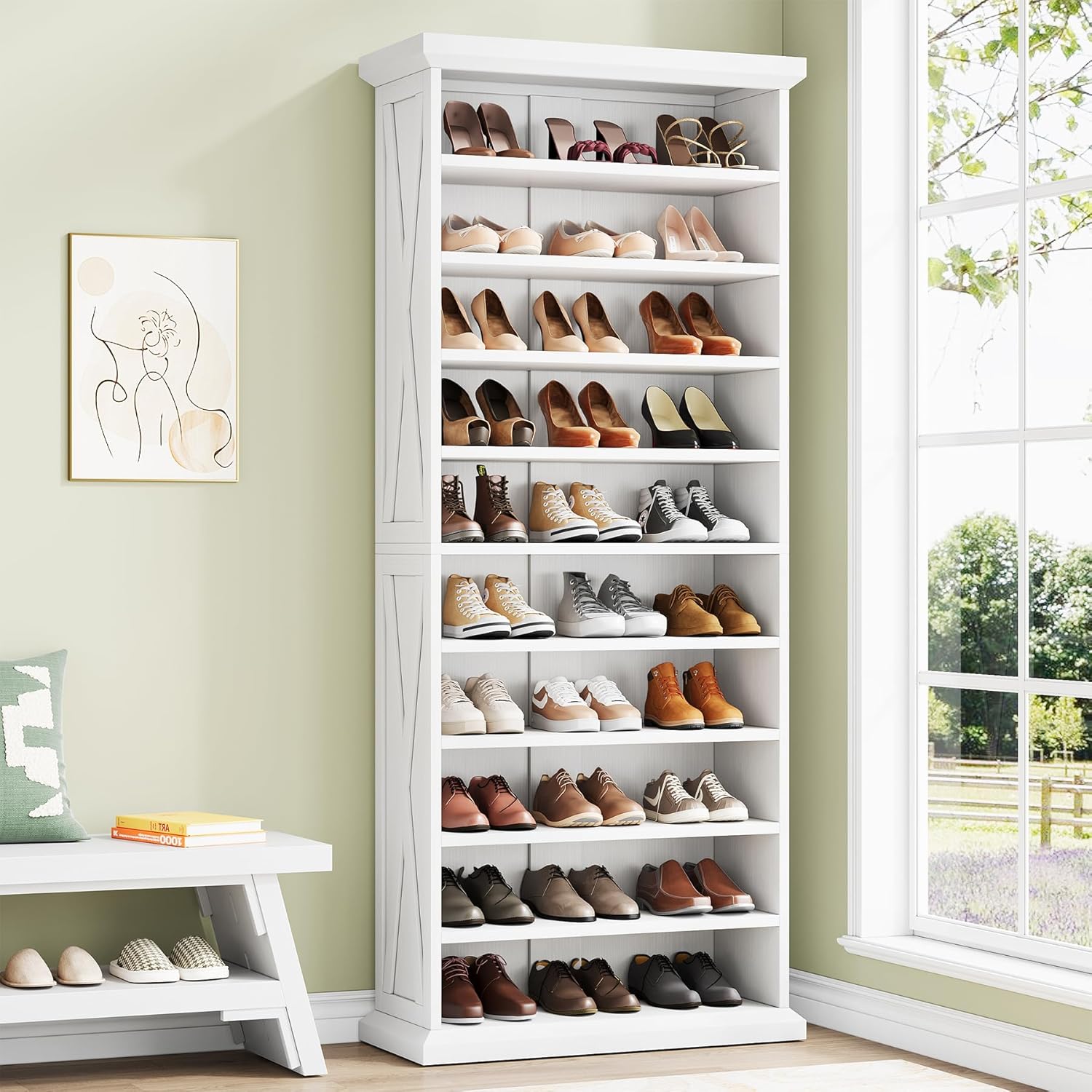 10-Tier Shoe Storage Cabinet with 8 Adjustable Shelves, Farmhouse Shoe Rack, 71 inch Freestanding Tall Shoe Organizer for Closet, Entryway, Living Room, 30-40 Pairs, White