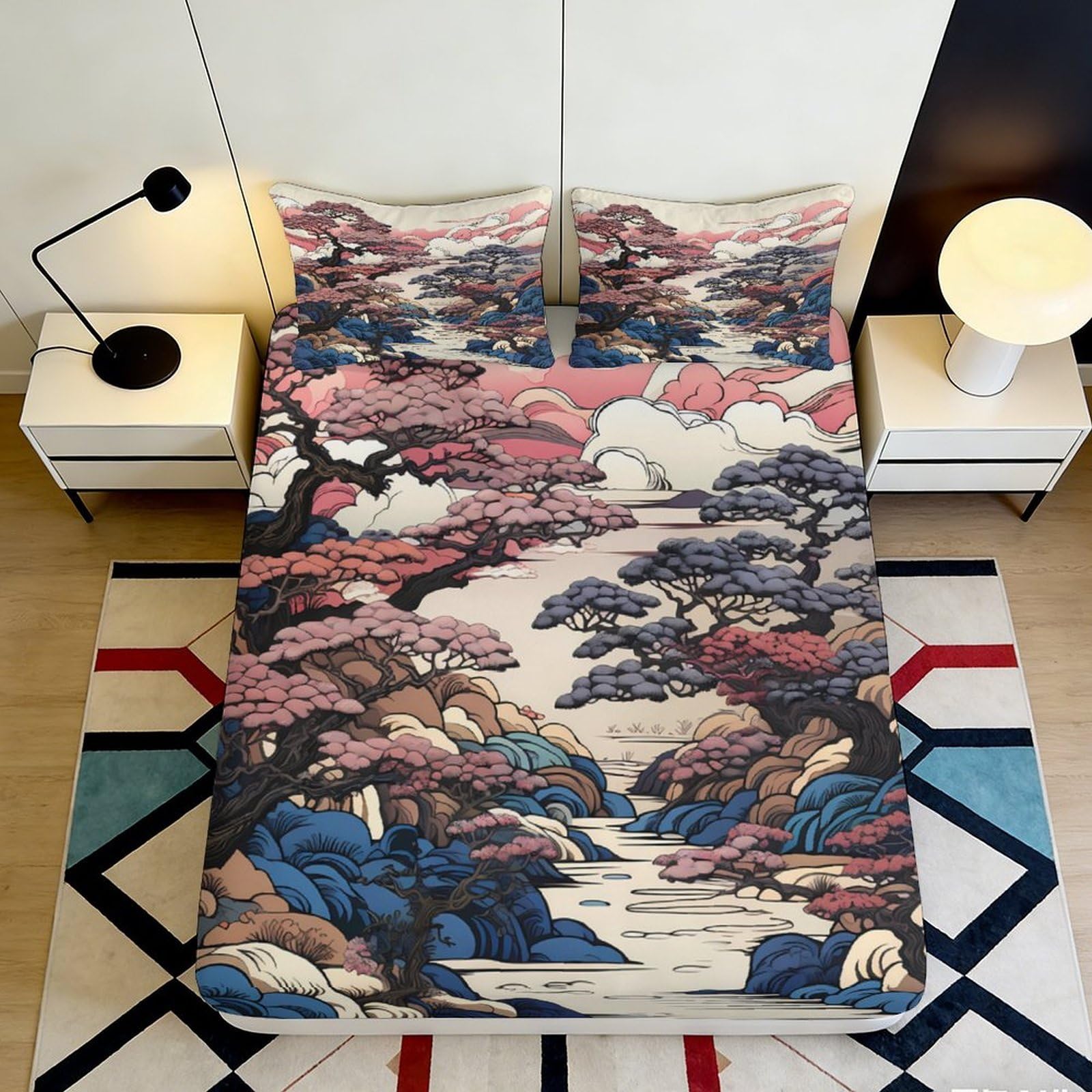 Pnayamiorkfel Style-4 3D Printed Japanese Landscape Fitted Sheet Microfiber Artistic River Bed Cover For Bedroom Guest Room Decor Protection 90X200x25cm