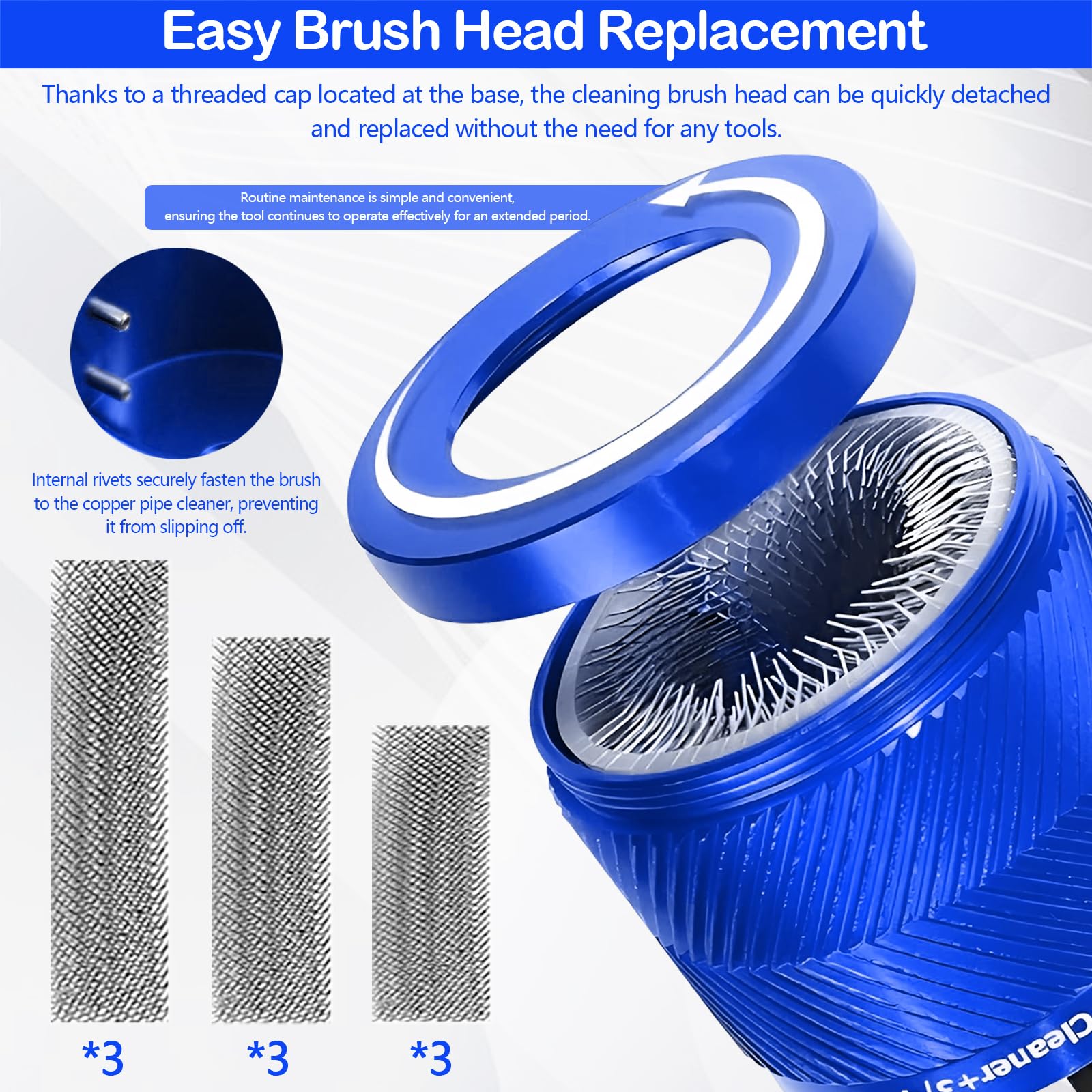 Limpiador De TuberíAs De Cobre, Cepillo Multifuncional De 15 Mm 22 Mm 28 Mm Para Limpiar TuberíAs De Cobre De 1/2" 3/4" Y 1" Con VáStago Hexagonal De 1/4" Y 3 Cuchillas Para Eliminar óXido (Azul)