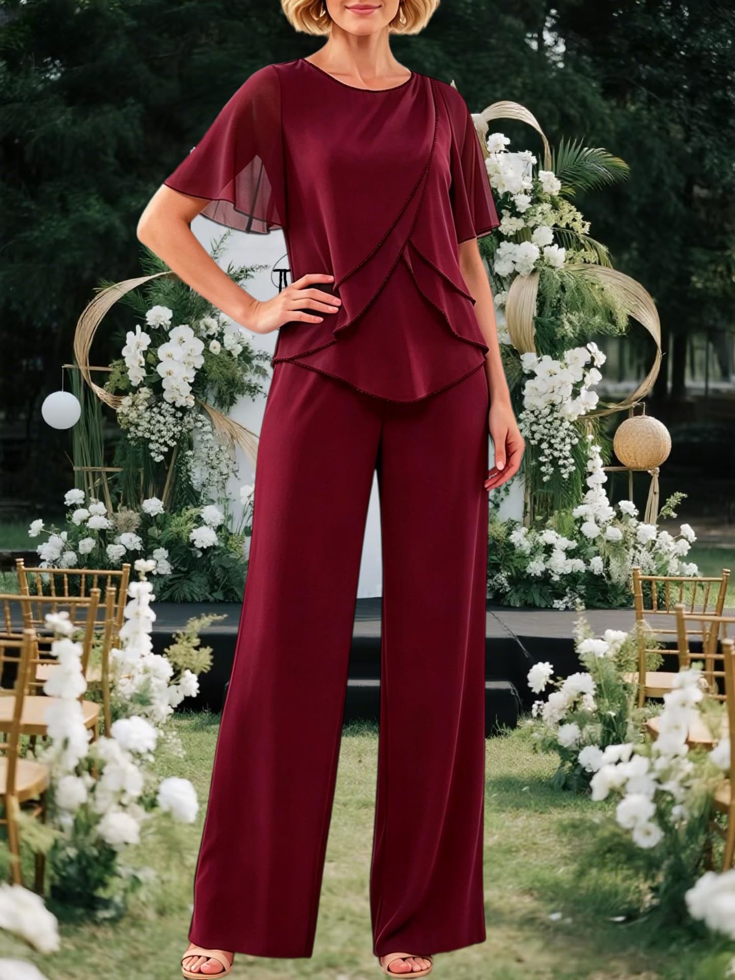 Completo Donna Elegante Completo Da Donna A Due Pezzi Per Matrimonio Abito Formale Tailleur In Chiffon Con Pantaloni Per La Madre Della Sposa Elegante Top A Maniche Corte A Strati E Pantaloni A Gamb