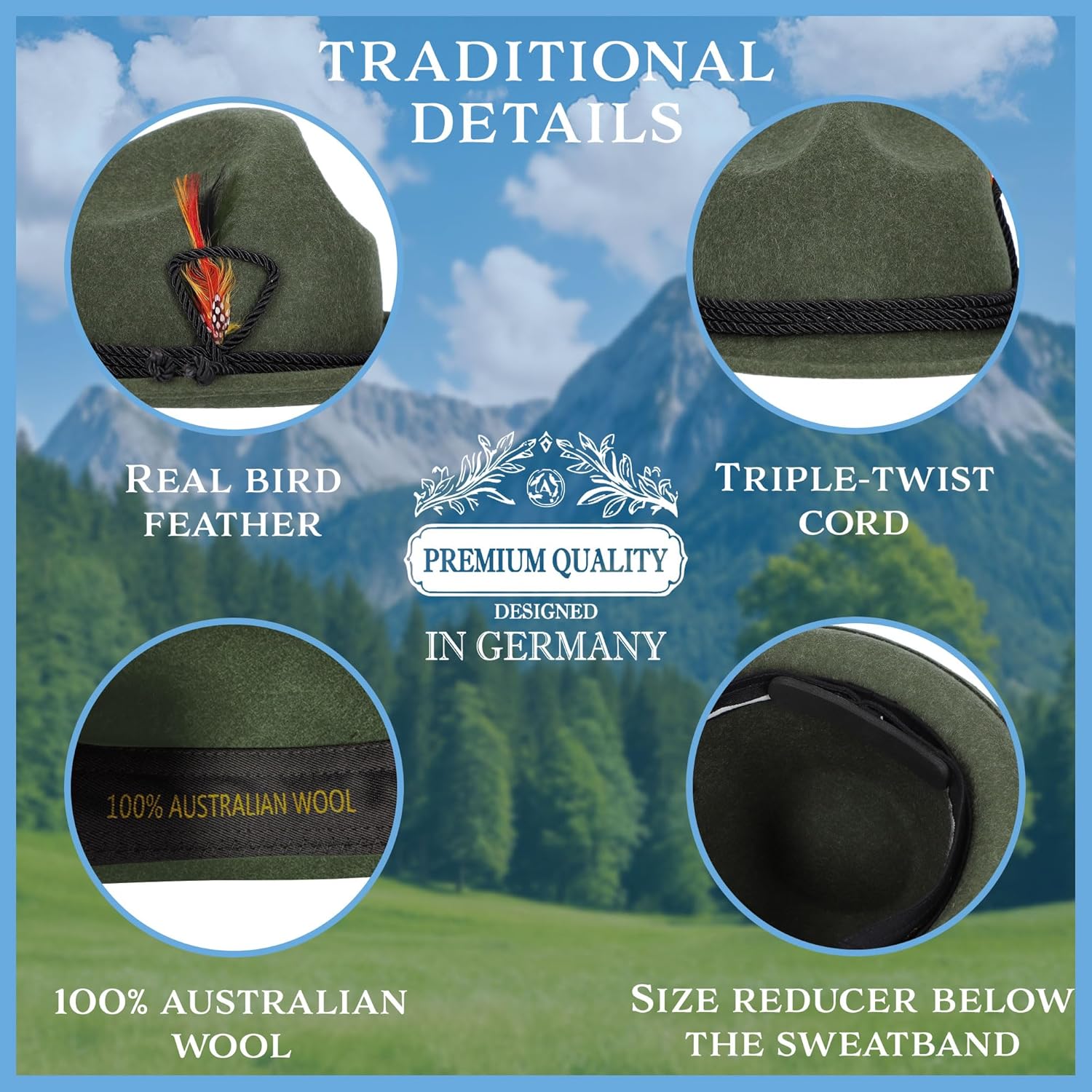 Steigenhöfer German Alpine Hat - Hans - 100% Wool Hats for Men - Adjustable - Oktoberfest Bavarian hat with Real Bird Feather - Image 4