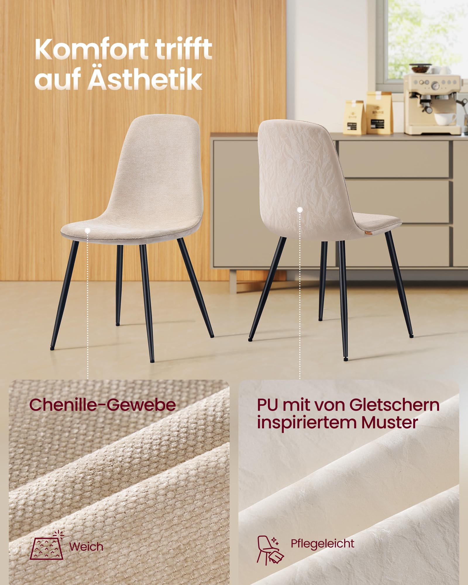 VASAGLE Runder Tisch mit 4 Esszimmerstühlen, Essgruppe, Stahlgestell, einfacher Aufbau, schneeweiß-cremeweiß KDT184W01