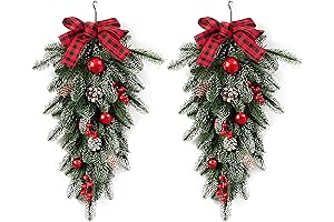 2Pack Christmas Teardrop Garland, Artificial Pine Swags with Red Berries, Xmas Teardrop...