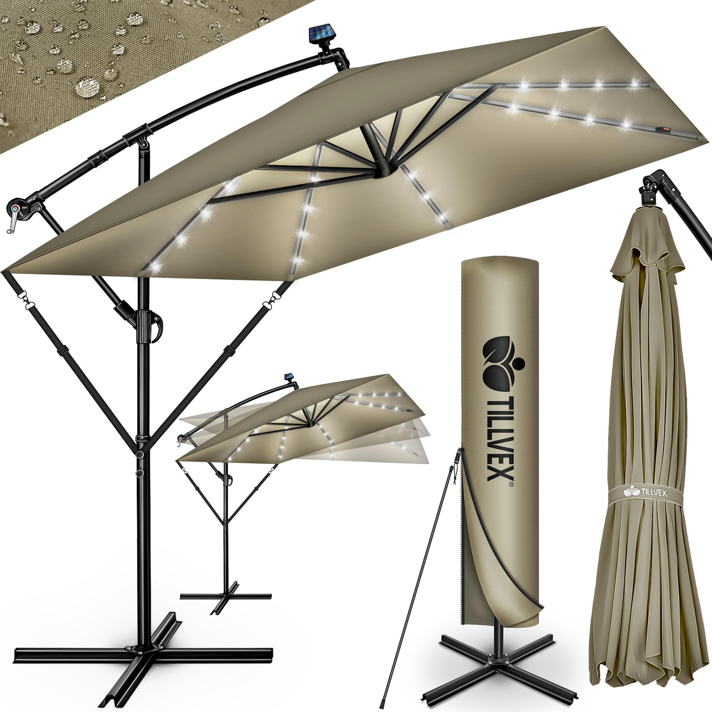 tillvex® Aluminium parasol rectangular diameter 330 cm with LED solar + cover with crank | cantilever parasol with stand and wind protection | garden umbrella UV protection, waterproof, 360° rotatable