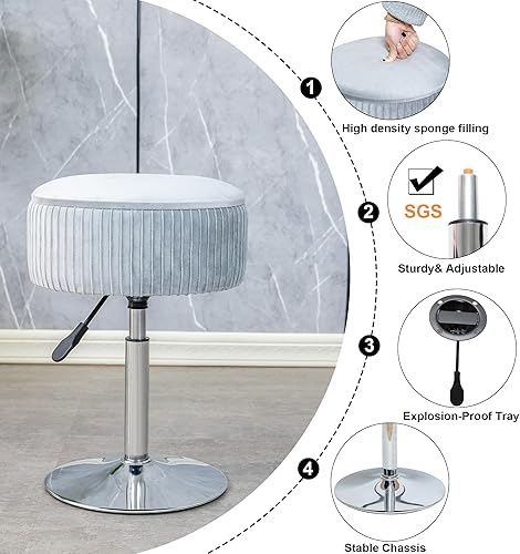Miniatura 5 de Taburete de tocador de terciopelo para sala de maquillaje, silla otomana redonda de almacenamiento ajustable, reposapiés giratorio de 360 para sala