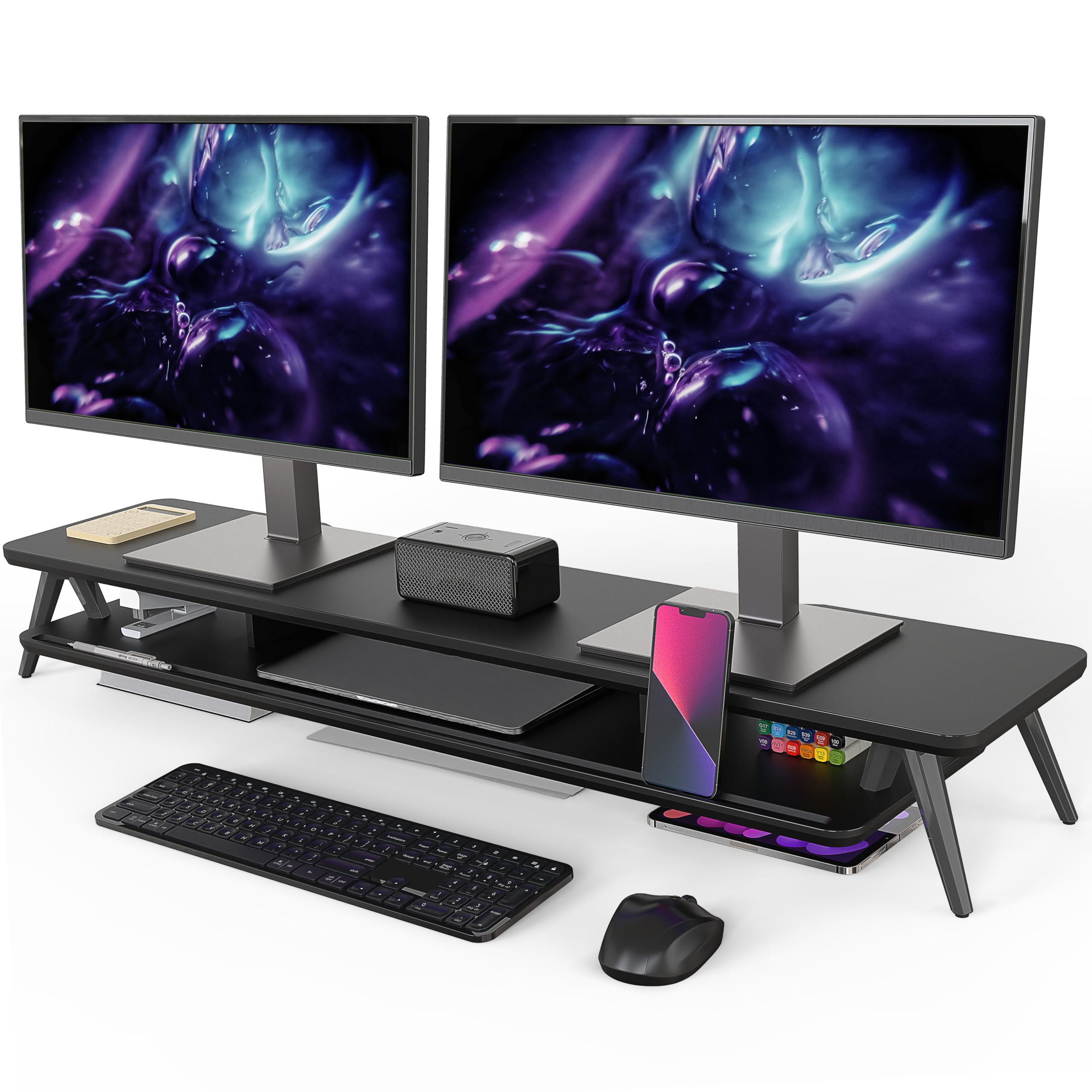 Fenge Dual Monitor Stand Riser, Wooden Desk Shelf with 2-Tier Storage