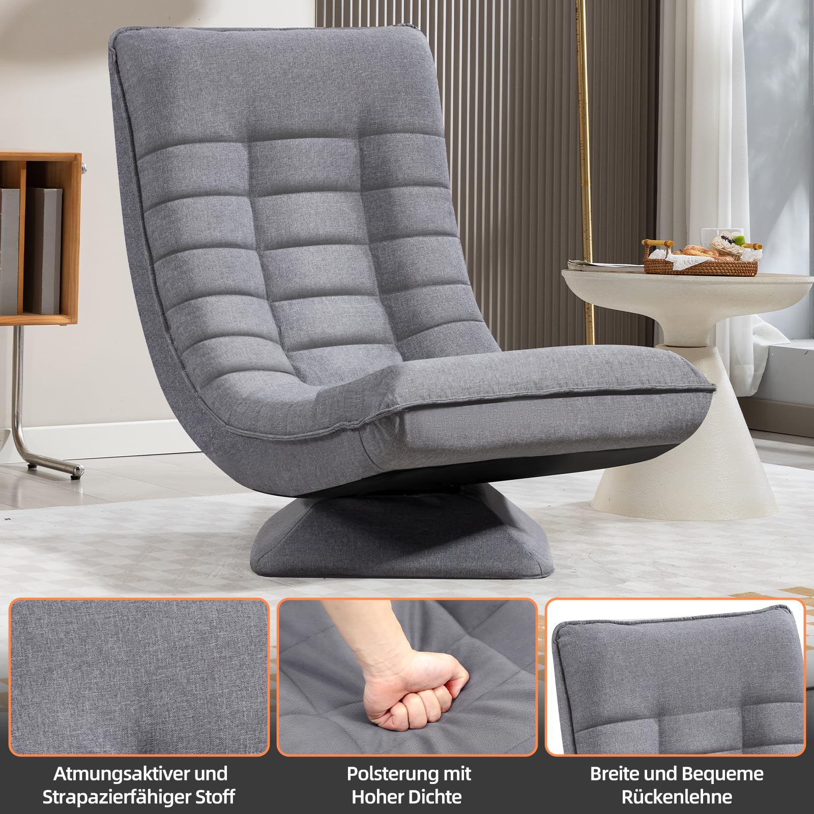 Sessel Wohnzimmer Bodenstuhl 360° Drehbar, Bodensessel mit Verstellbarer Rückenlehne, Bodensofa Klappbar, Lazy Sofa, Gaming Relaxsessel, 60x105x87cm, 150kg Belastbarkeit, Grau