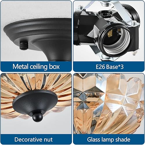 Miniatura 7 de Lámpara de techo semiempotrada, lámpara de techo de cocina de 3 luces con pantalla de vidrio ámbar, candelabro moderno dorado para sala de estar,