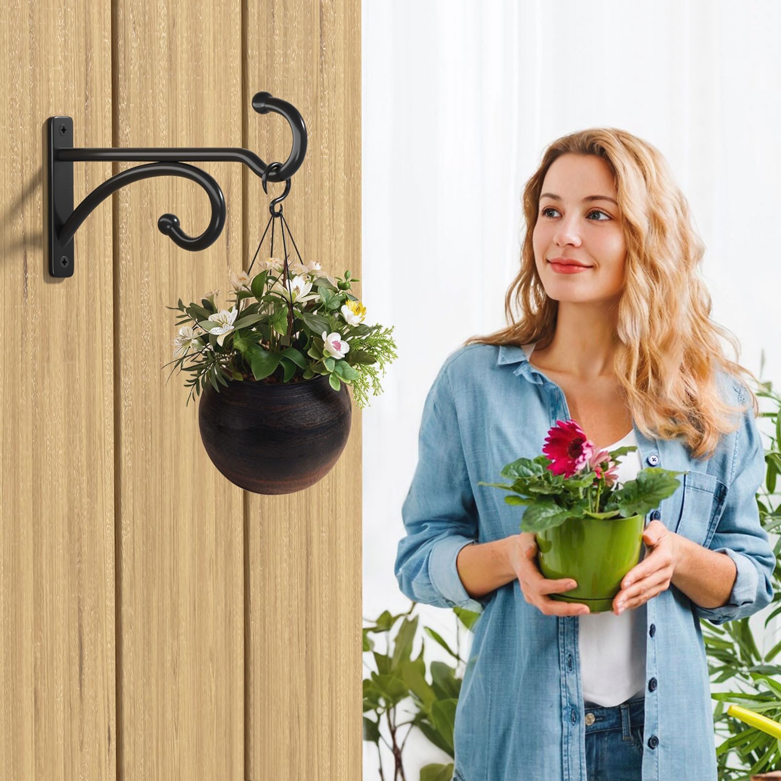 2 Pcs 15cm (6 Inches) Planter Hooks for Hanging Plants - Plant Hanger Hook Indoor Outdoor, Plant Wall Hooks, Brackets for Hanging Plants, Baskets, Wind Chime, Bird Feeder, Bird House (Black, Metal) — view 7