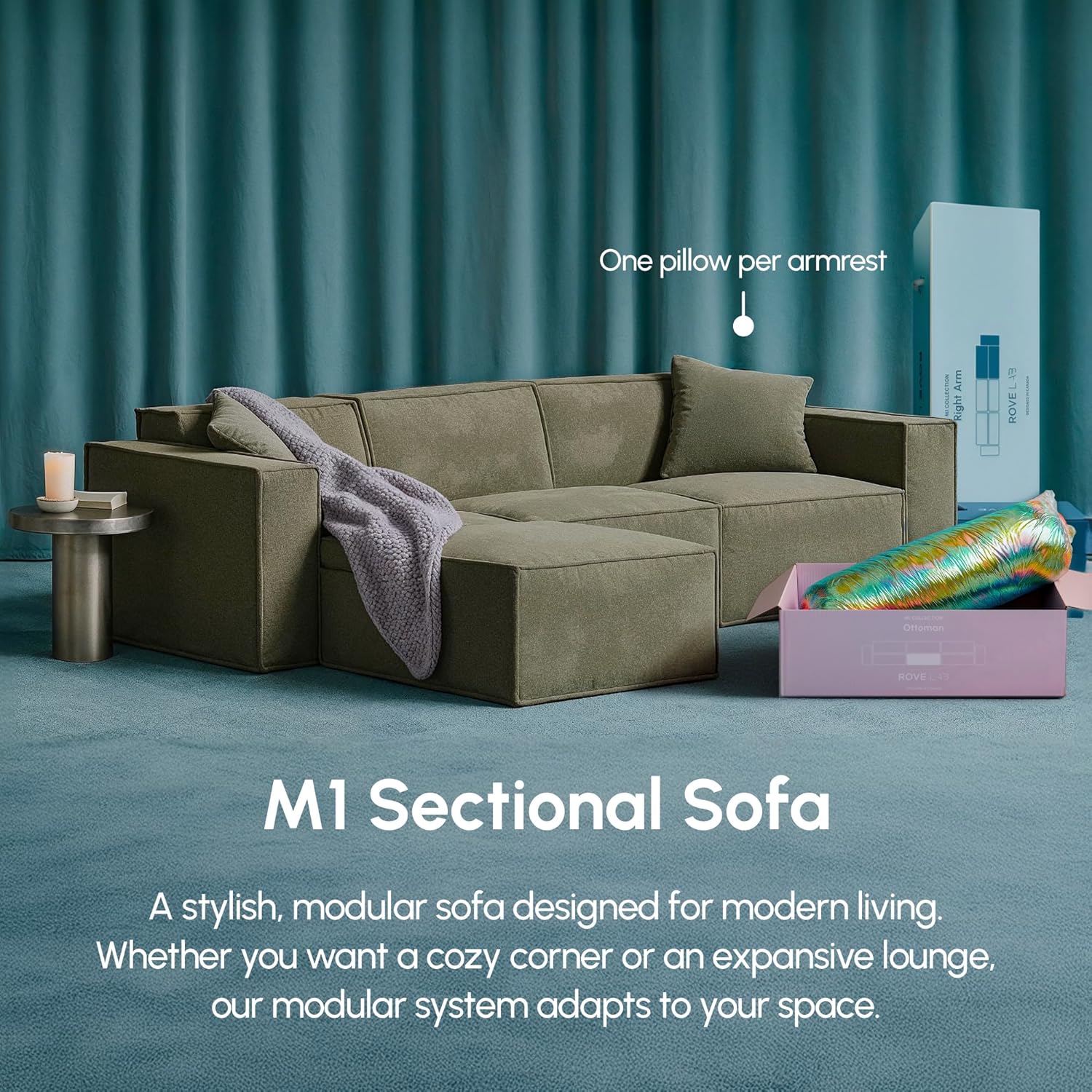 Rove Lab M1 Sectional Sofa with Ottoman – Sustainable, 3-Seat Modular Couch for Living Room – Easy One-Person Assembly, High-Density Foam, Spill-Proof Fabric (Helium Cloud) - Image 2