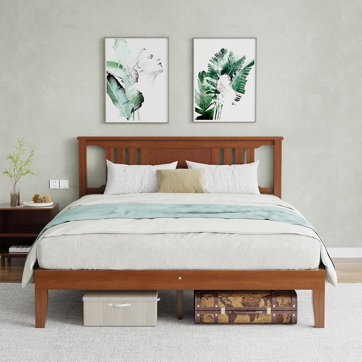 Solid Wood Bed Frame, Queen Size Platform Bed Frame with Headboard, Sturdy Wood Slat Support, Heavy Duty Pine Wood Bed Frame for Bedroom, No Box Spring Needed