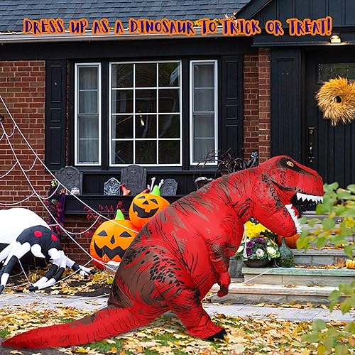 Miniatura 6 de ATDAWN Disfraz inflable de dinosaurio, T-Rex gigante rojo inflable para Halloween, disfraz de cosplay para adultos, disfraz inflable