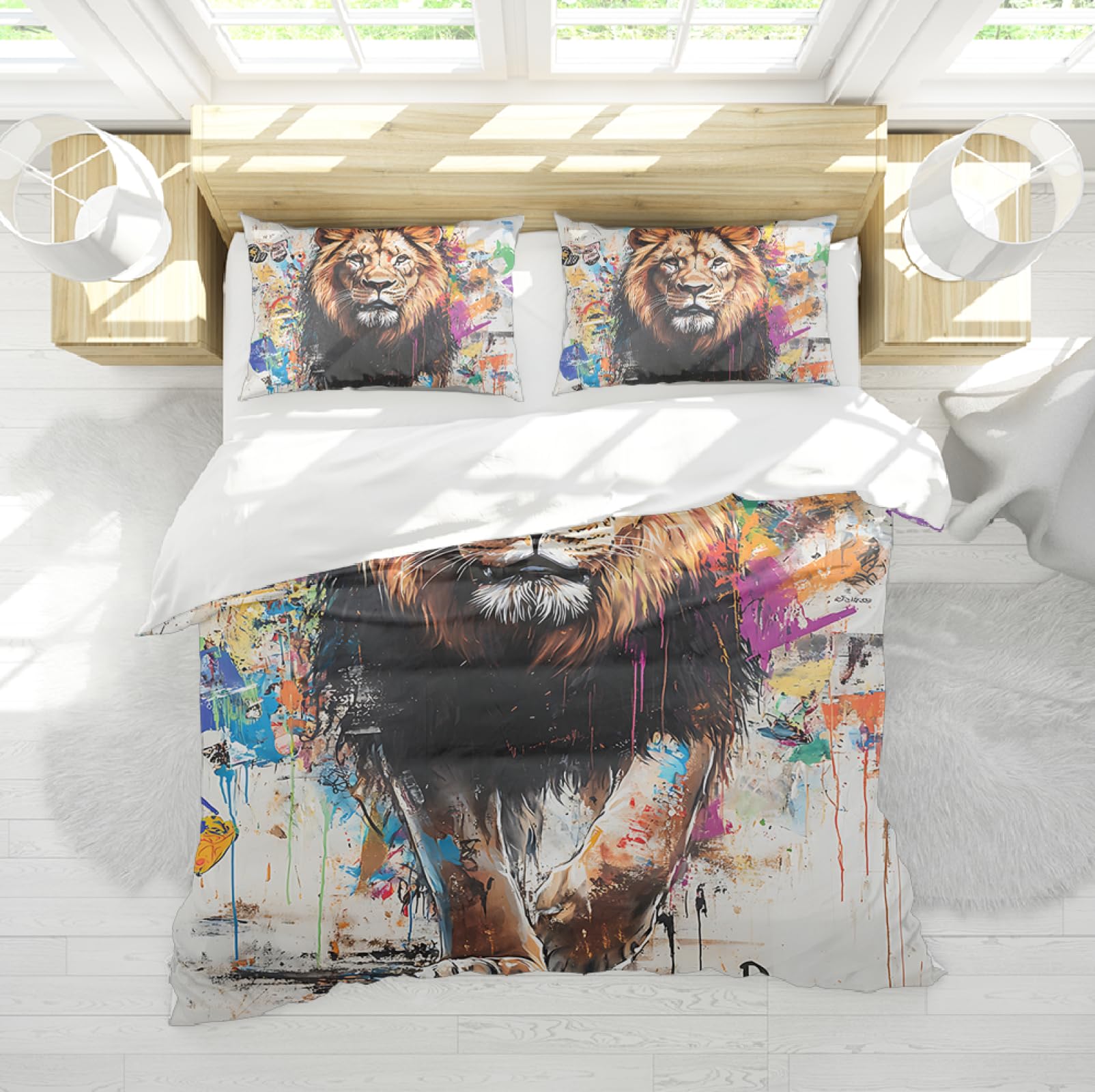 Housse de couette microfibre douce et zippée avec motif lion imprimé