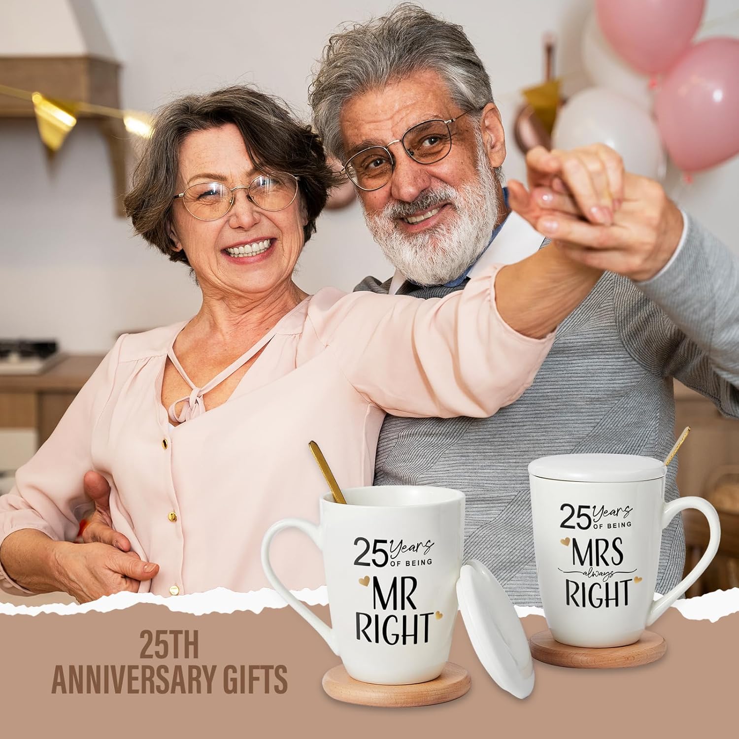 AW BRIDAL 25th Wedding Anniversary Christmas Mr and Mrs Gifts Set Novelty Coffee Mugs Set of 2, 12 OZ, Anniversary 25th Gifts for Parents, His and Hers Gifts, Ceramic Couple Gifts for Wife and Husband - Image 5