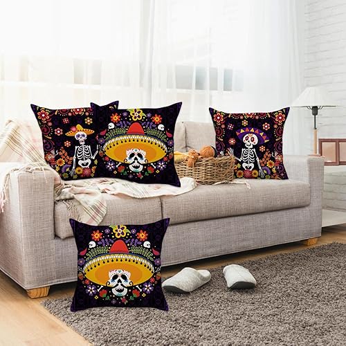 Miniatura 5 de Juego de 4 fundas de almohada del Día de los Muertos Dia De Los Muertos Calavera de Azúcar Flor de 18 x 18 pulgadas, Juego de 4 fundas de almohada
