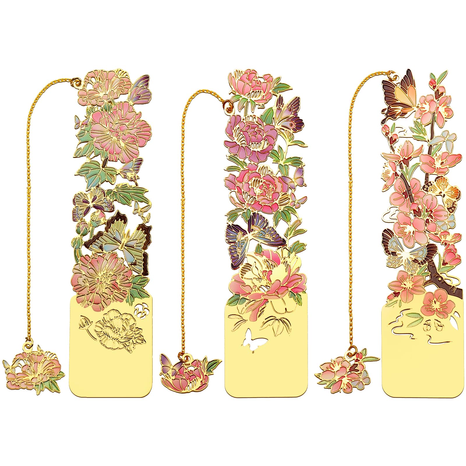 Sgbvzbd 3 PCS Metal Bookmarks - Pretty & Beautiful Flower Bookmarks for Women - Peach Blossom, Cottonrose Hibiscus, Peony