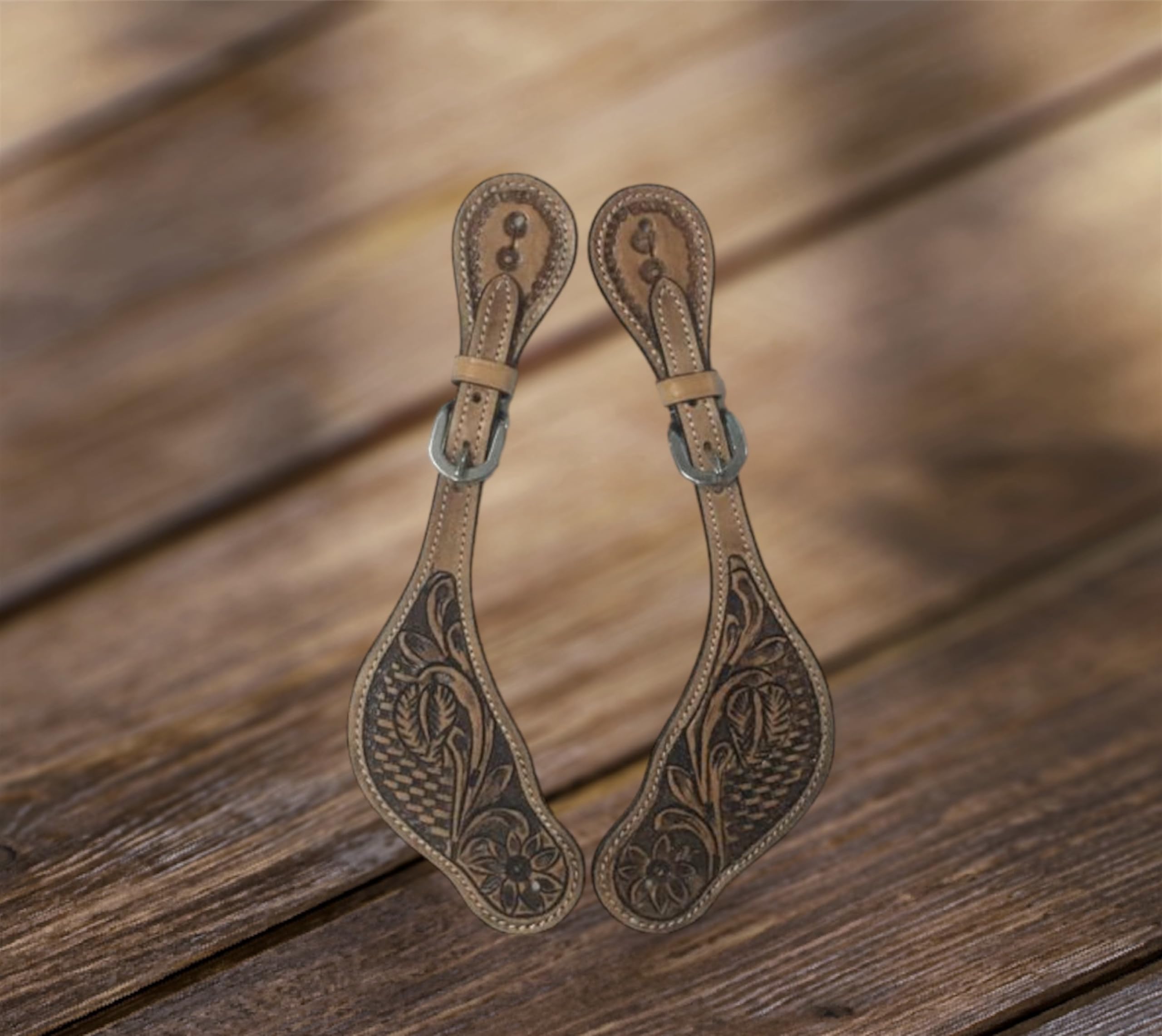 Majestic Ally Western Spur Straps, Genuine Leather, Antique Hand Tooling, Adjustable Stainless Steel Buckle