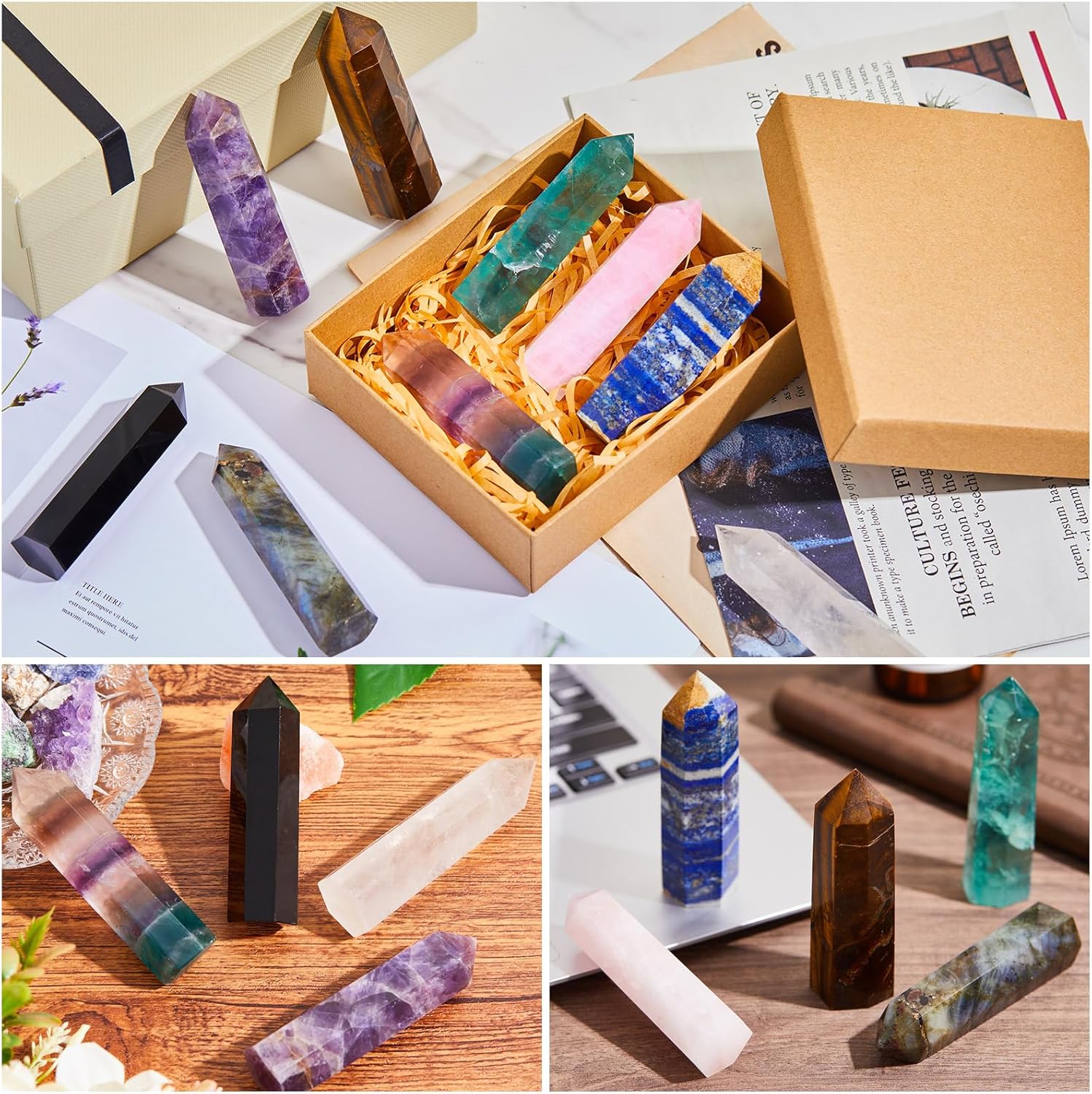 Junkin 9 Sets Healing Crystal Wand, Amethyst Rose Quartz Clear Quartz Tiger Eye Obsidian Fluorite Labradorite Lapis Lazuli for Meditation Crystal Therapy Reiki Supplies(Mixed Color,3.2-3.5 Inch)