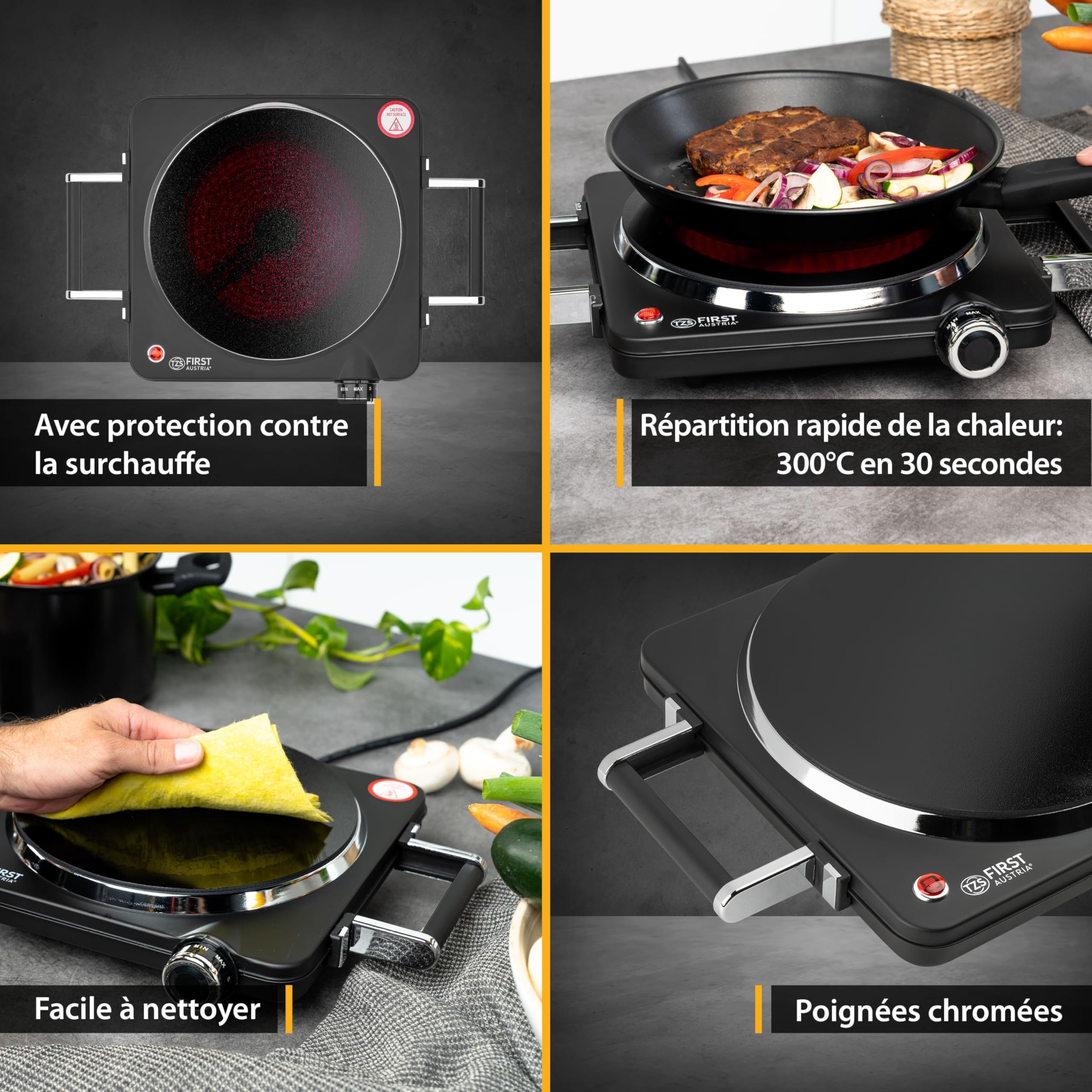TZS First Austria - Plaque Infrarouge 1500W - Plaque vitrocéramique pour tous types de casseroles - Réchaud électrique avec poignées, réglage continu & témoin lumineux - Ø 220 mm - Noir