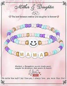 First Day of School Gifts Matching Bracelets for Women Girls Mother and Daughter Beaded Bracelet Multicolor Bead Stretch Back to School Gift I Love You Engraved Christmas Birthday Jewelry